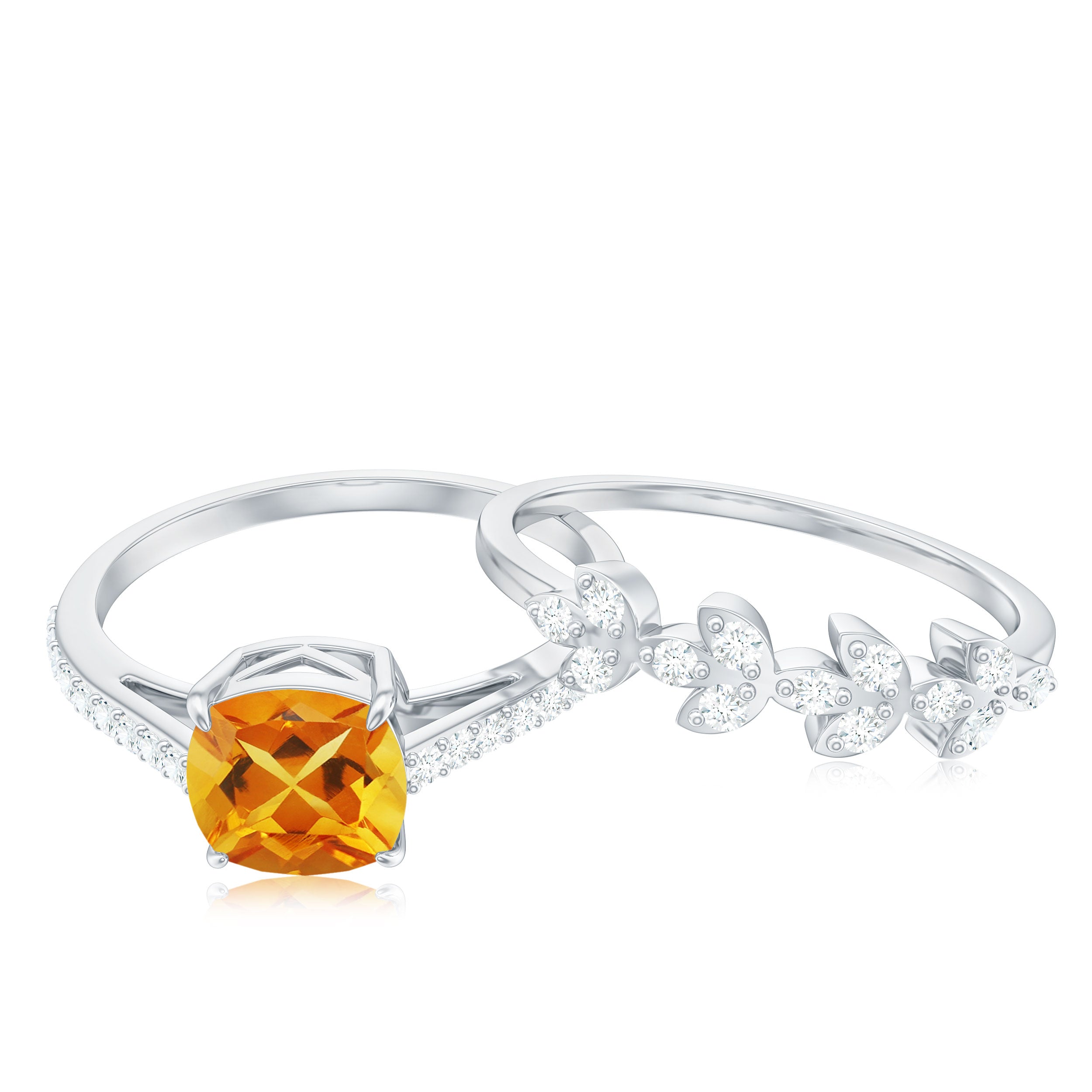Certified Citrine and Diamond Wedding Bridal Ring Set of 2