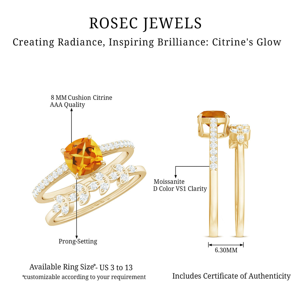 Certified Citrine and Diamond Wedding Bridal Ring Set of 2