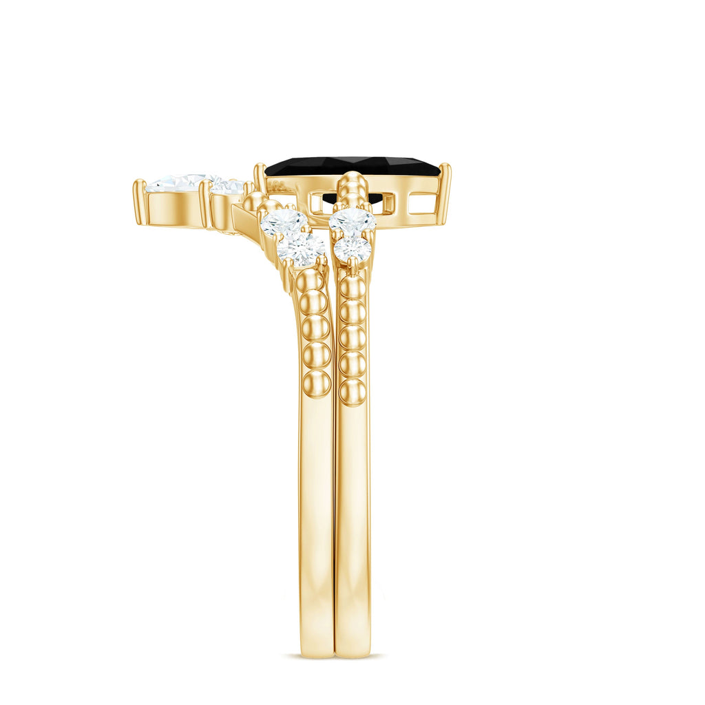 4x8mm Marquise Cut Black Onyx Solitaire Ring Set with Moissanite Band