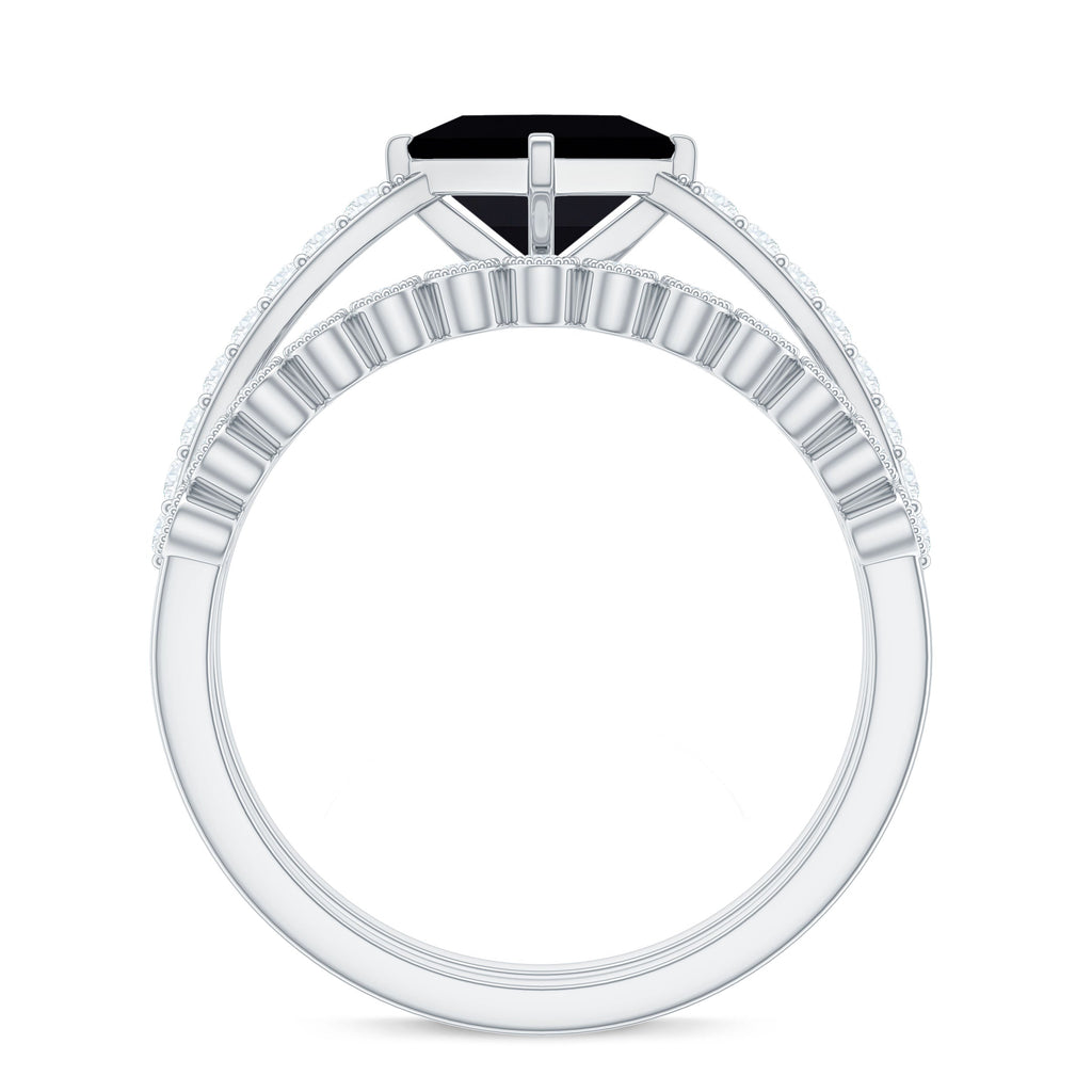 5mm Princess Cut Black Onyx Wedding Rings Set with Diamond Band