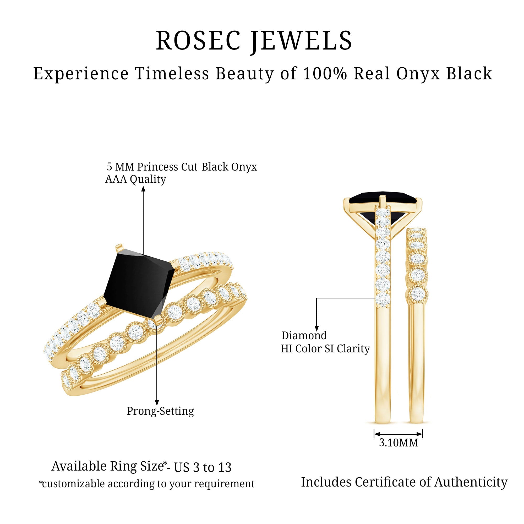 5mm Princess Cut Black Onyx Wedding Rings Set with Diamond Band