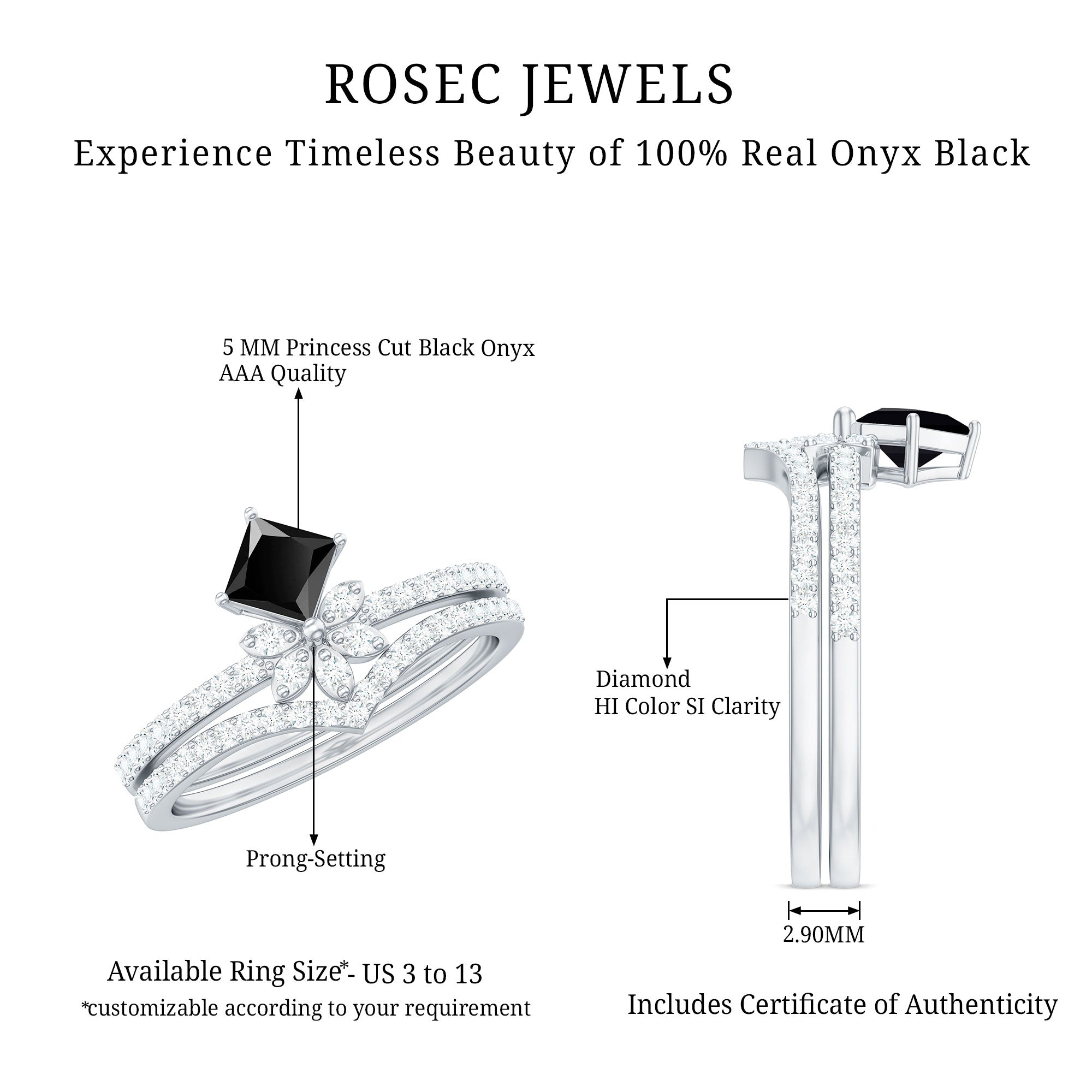 5mm Princess Cut Black Onyx Floral Rings Set with Diamond Band