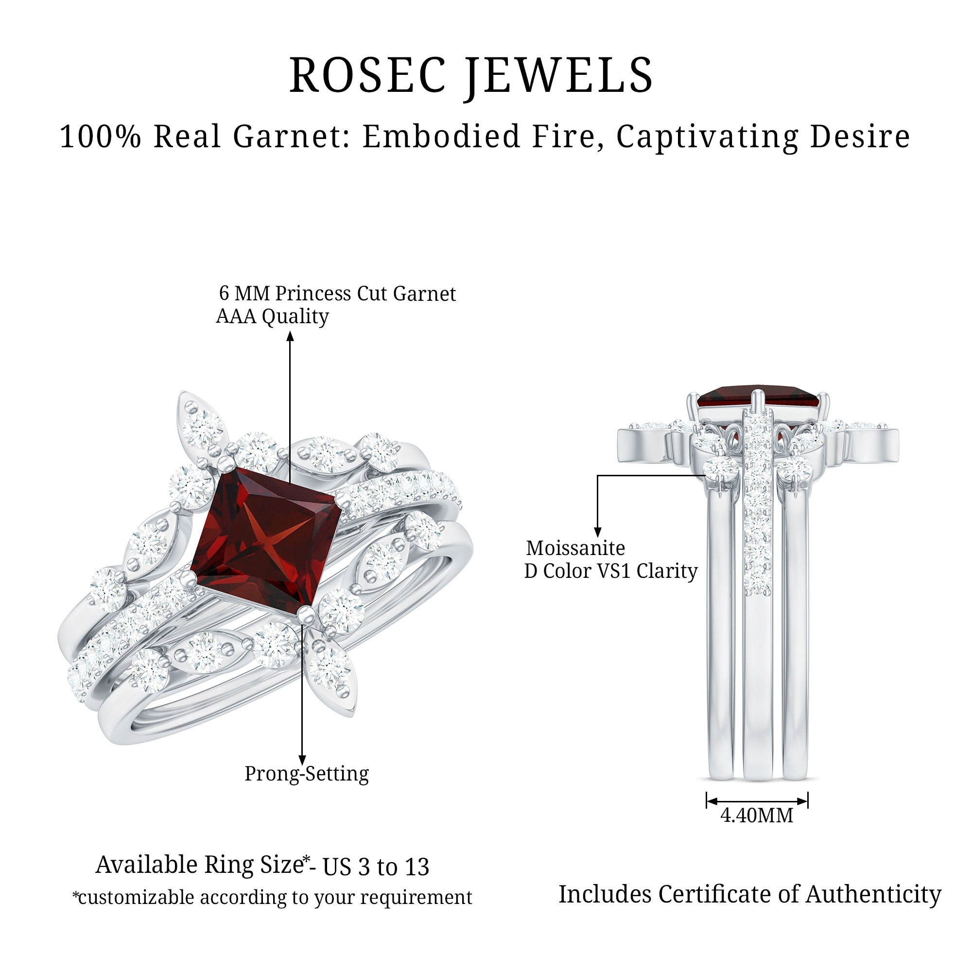 Vintage Looking Princess Cut Garnet and Diamond 3 Piece Wedding Ring Set