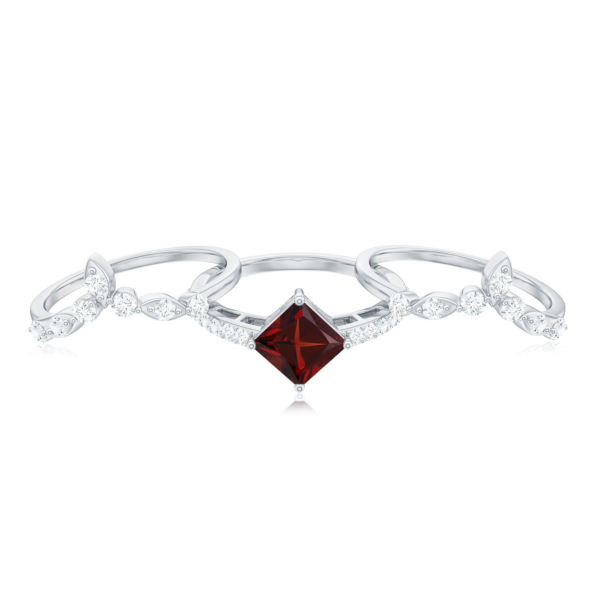 Vintage Looking Princess Cut Garnet and Diamond 3 Piece Wedding Ring Set