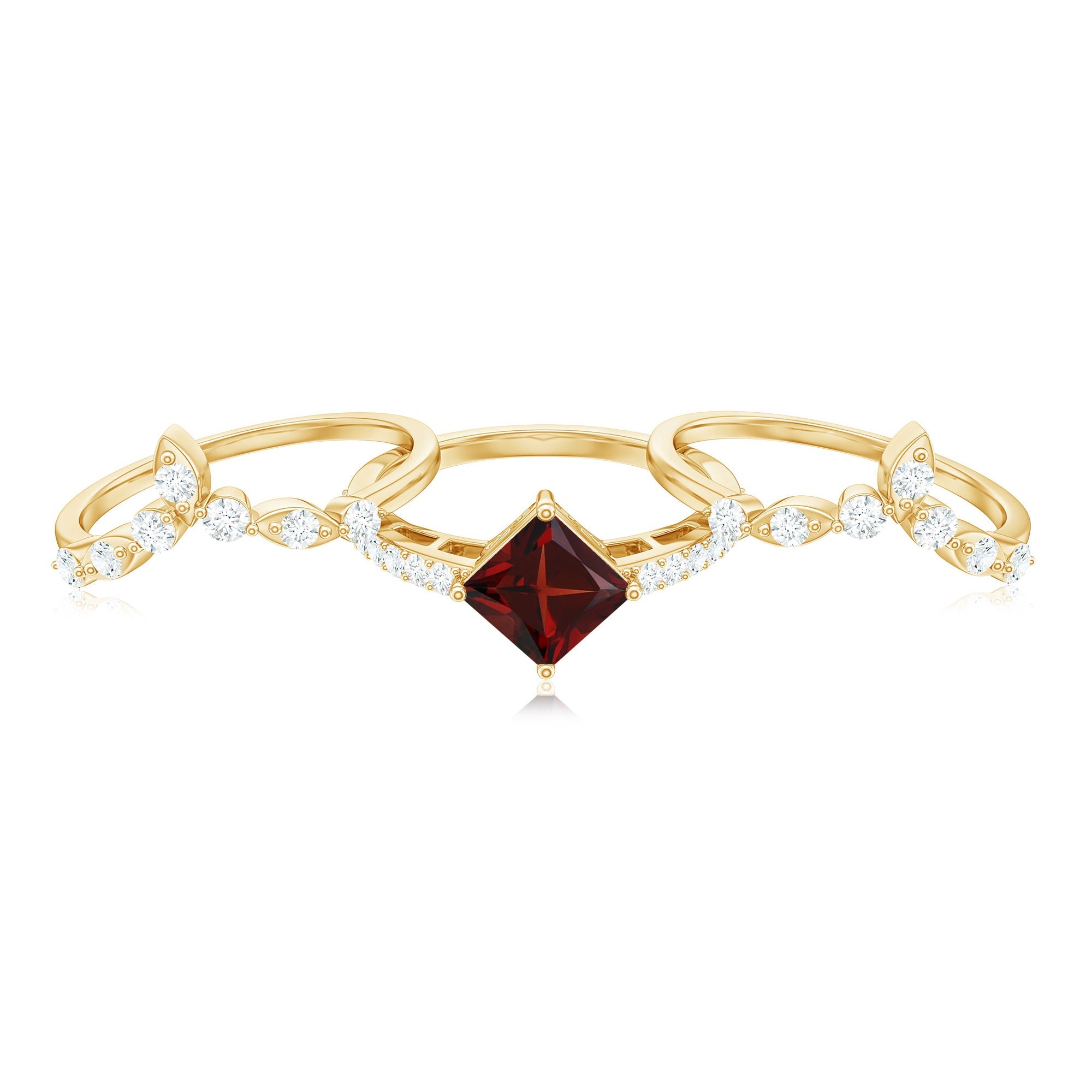 Vintage Looking Princess Cut Garnet and Diamond 3 Piece Wedding Ring Set