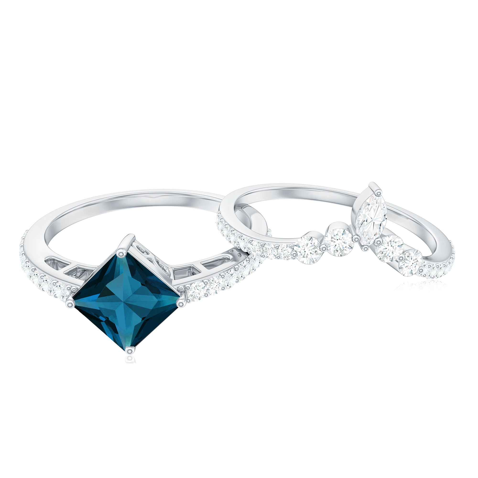 6mm Princess Cut London Blue Topaz and Diamond Wedding Ring Set