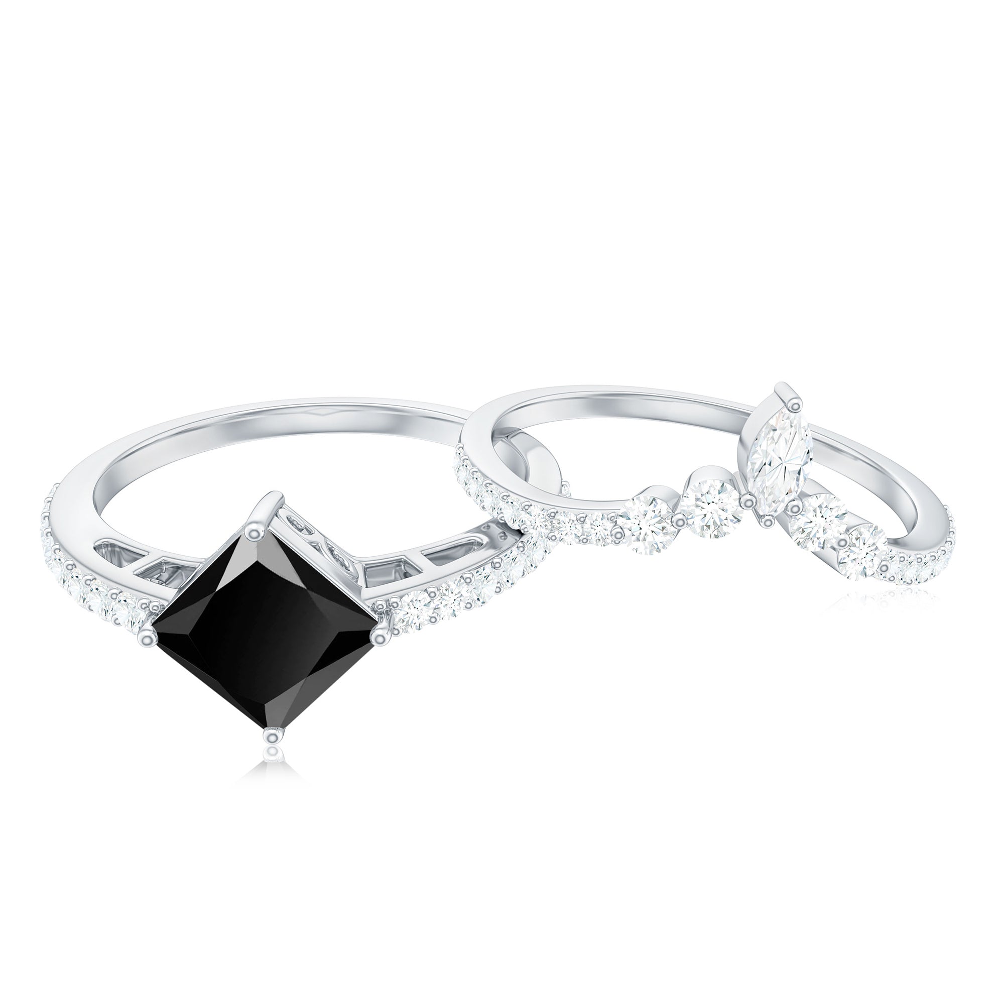 5mm Princess Cut Black Onyx Designer Wedding Rings Set with Moissanite