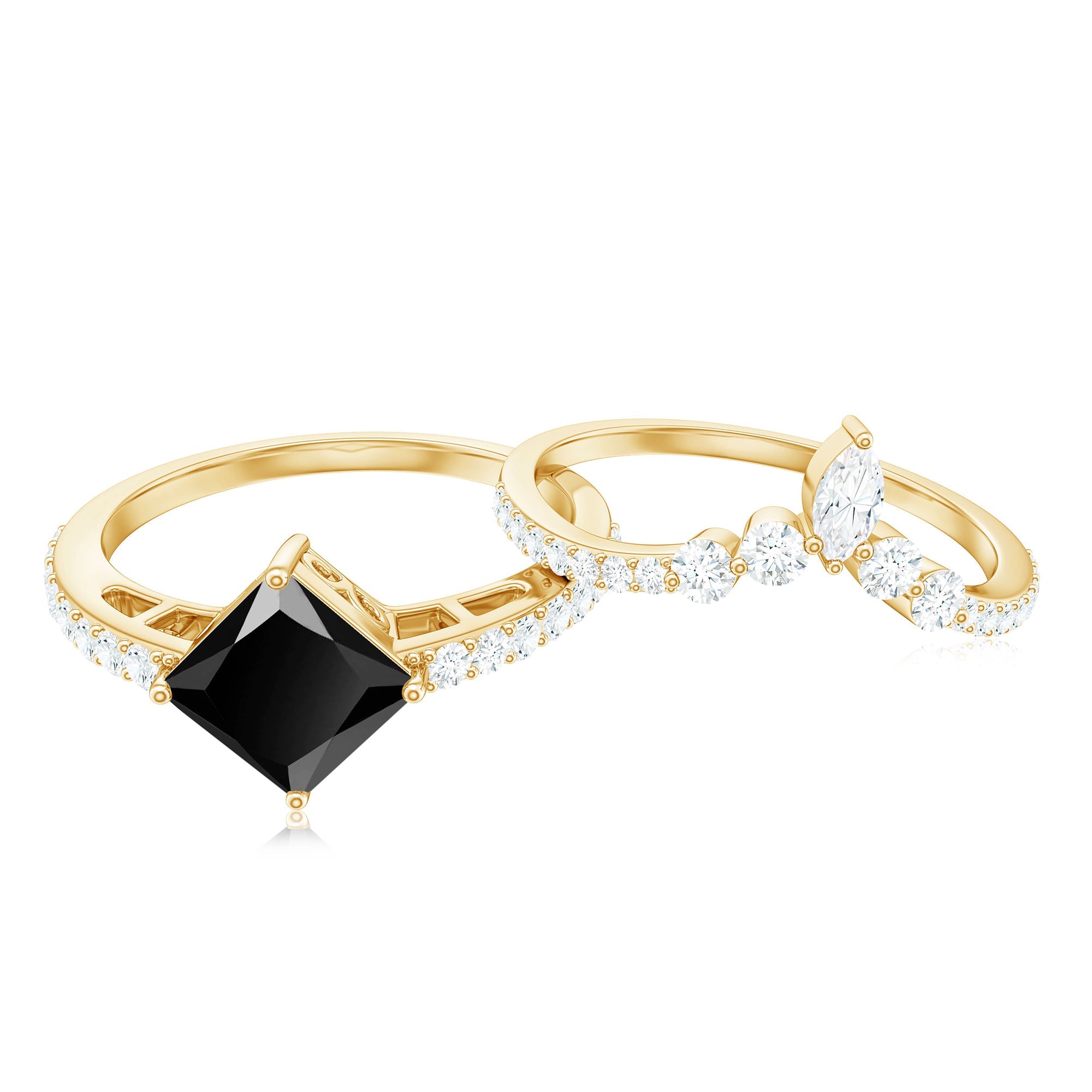 5mm Princess Cut Black Onyx Designer Wedding Rings Set with Moissanite