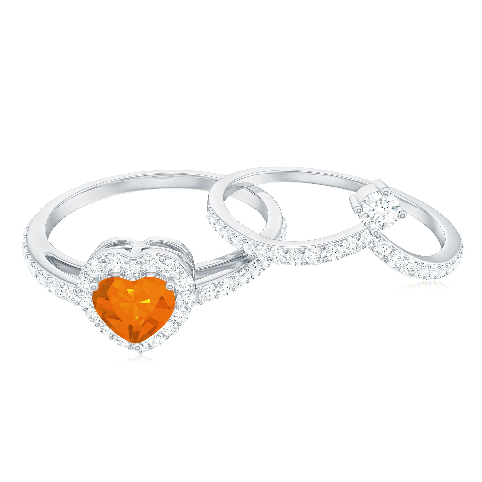 Heart Shape Fire Opal Ring Set with Moissanite