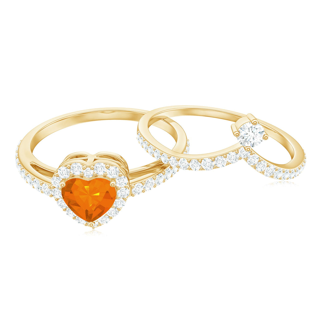 Heart Shape Fire Opal Ring Set with Moissanite