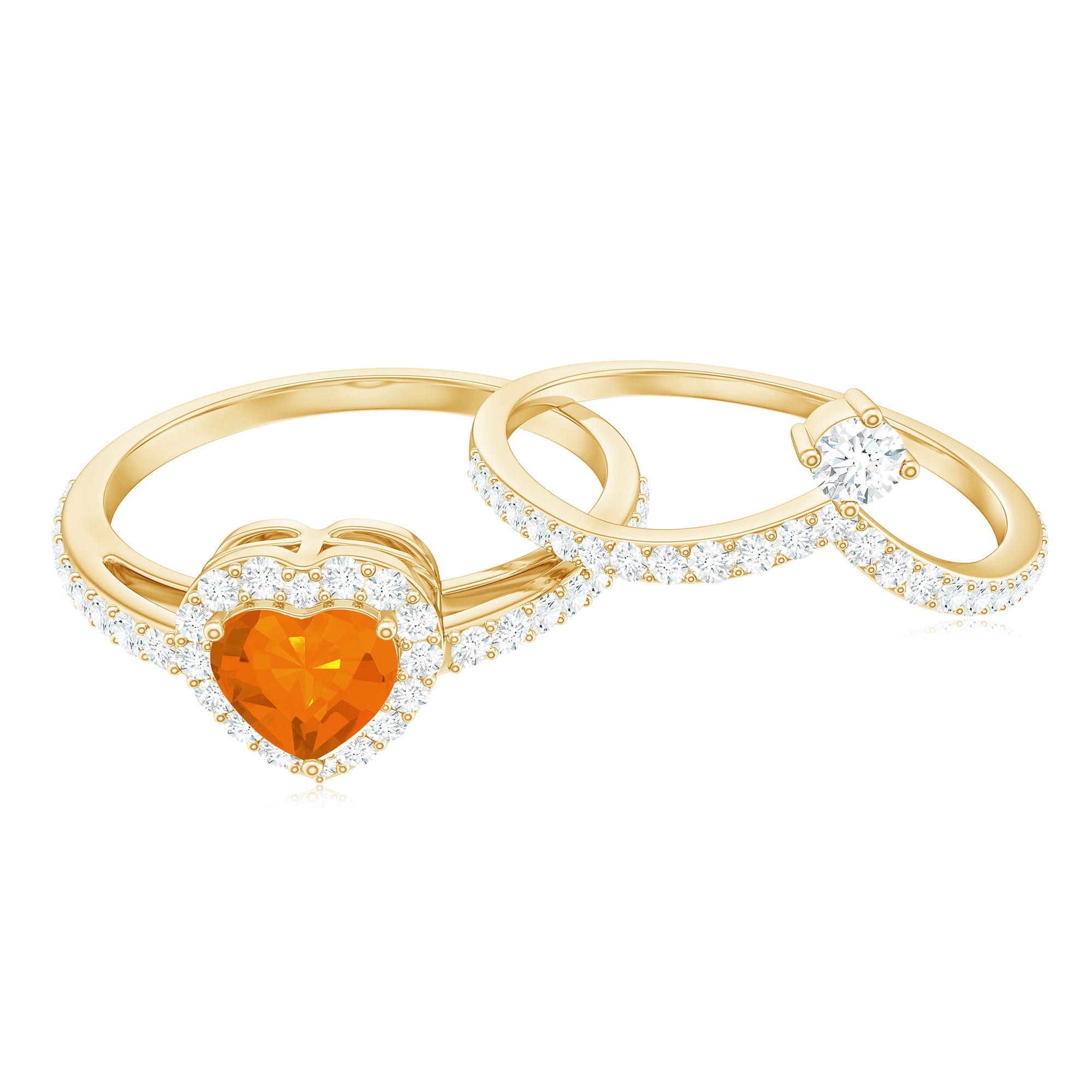 Heart Shape Fire Opal Ring Set with Moissanite
