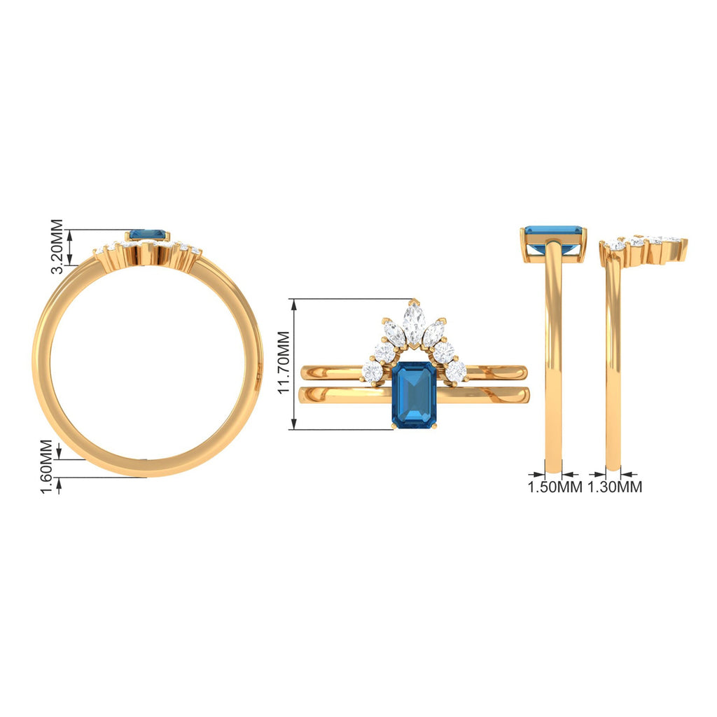 4X6mm Emerald Cut London Blue Topaz Solitaire Ring Set with Diamond