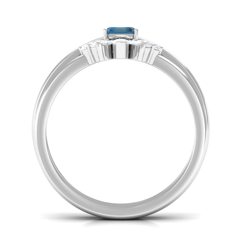 4X6mm Emerald Cut London Blue Topaz Solitaire Ring Set with Diamond