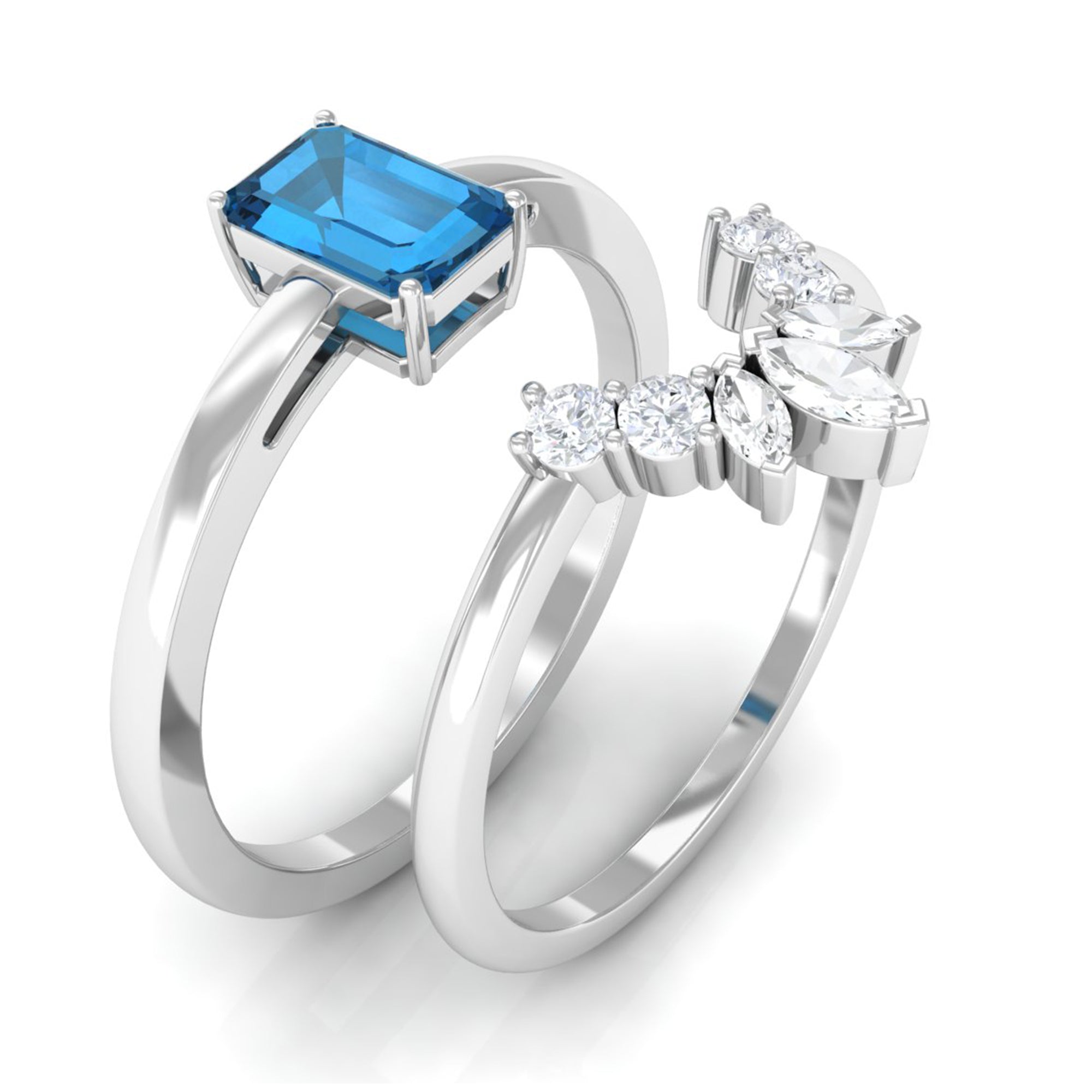 4X6mm Emerald Cut London Blue Topaz Solitaire Ring Set with Diamond