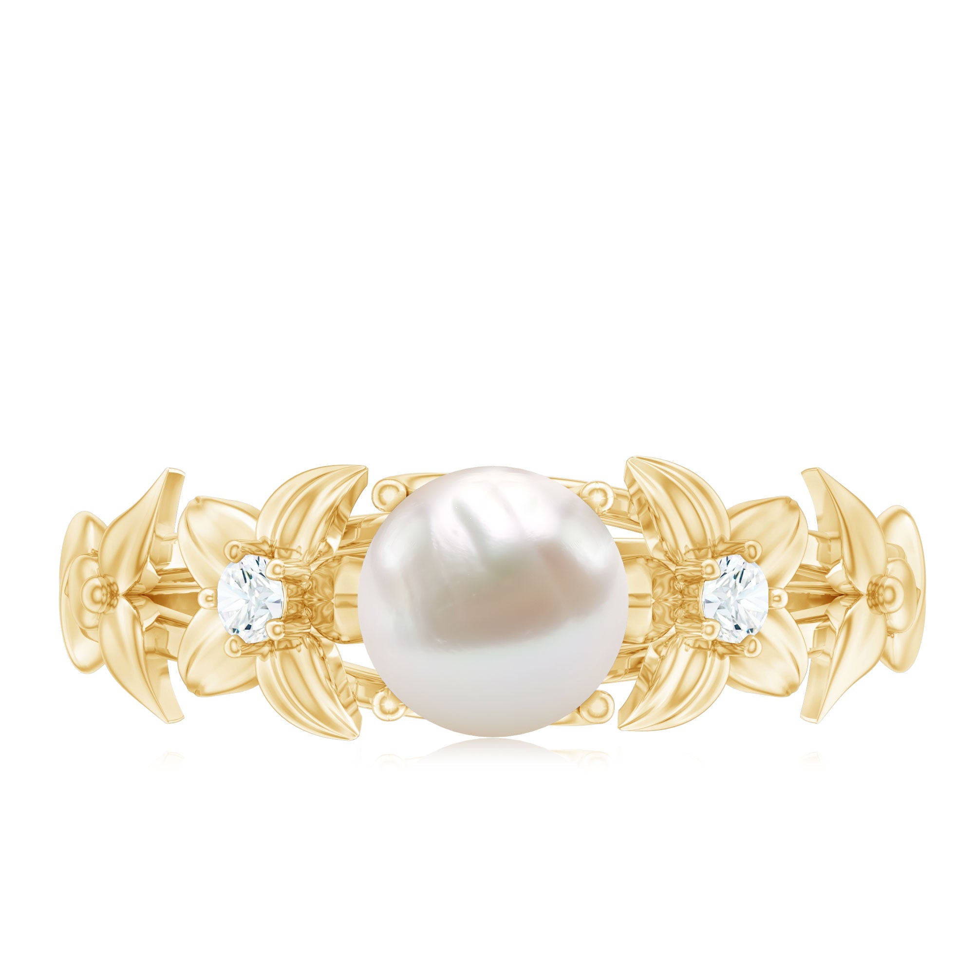 Cultured 2 Carat White Pearl Flower Engagement Ring with Diamonds