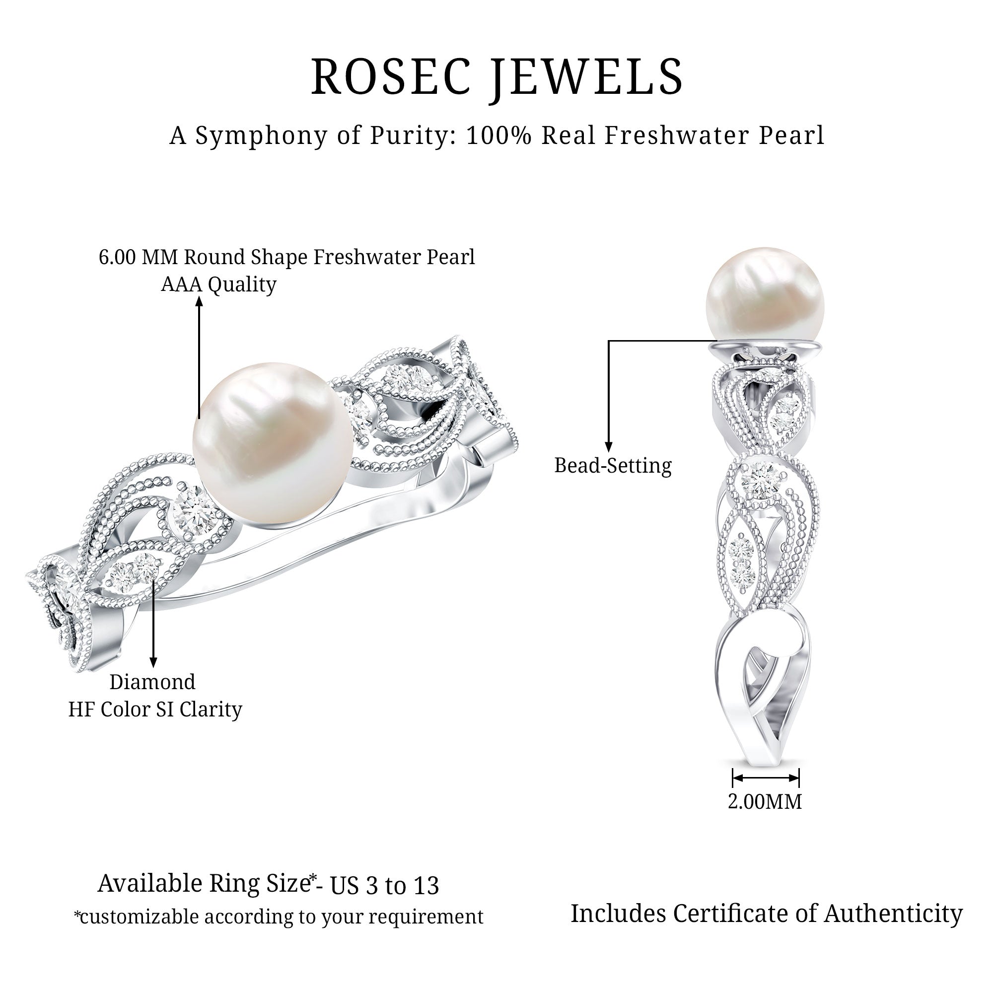 2 Carat Freshwater Pearl Vintage Looking Engagement Ring with Diamond