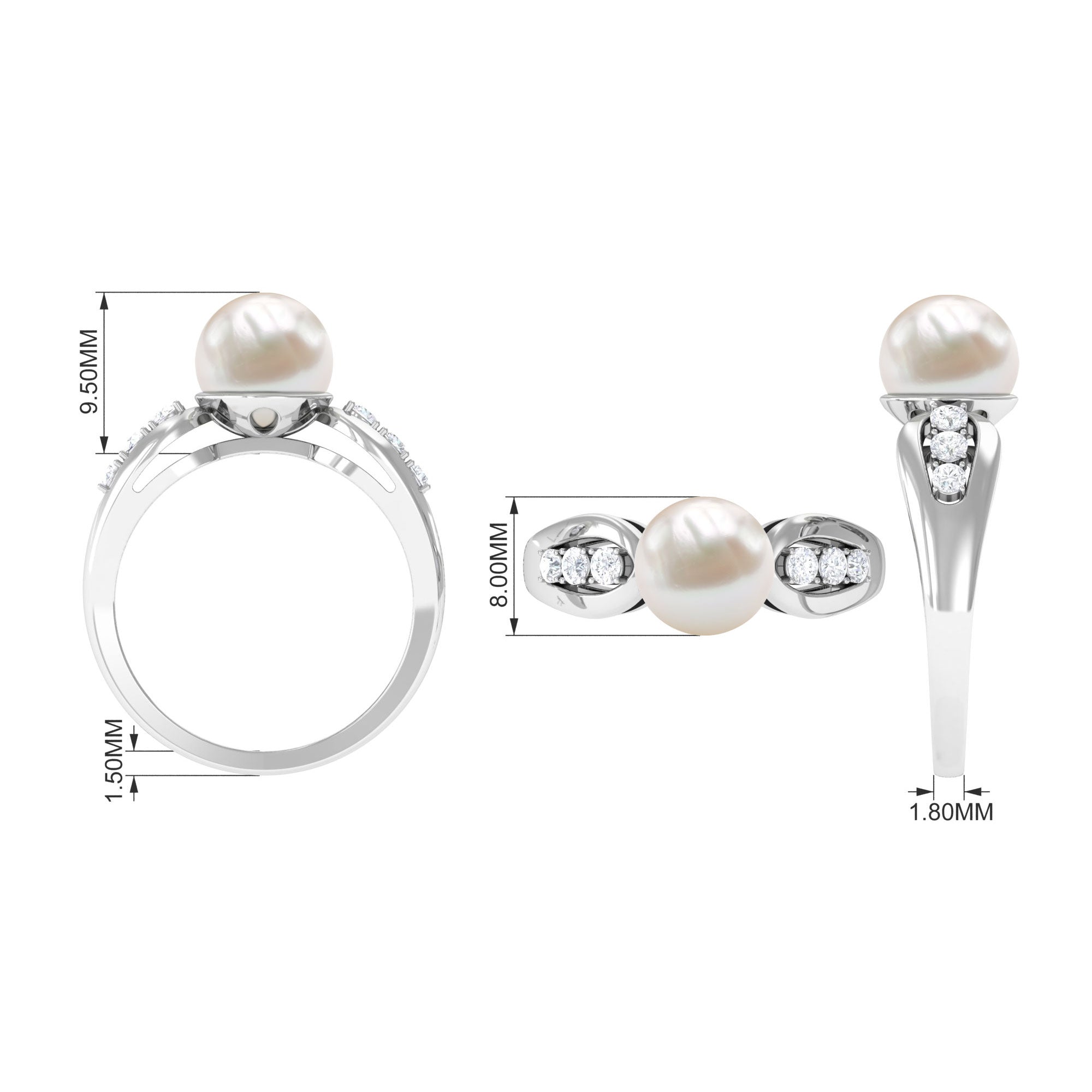 Bead Set Freshwater Pearl Solitaire Ring with Diamond Side Stones
