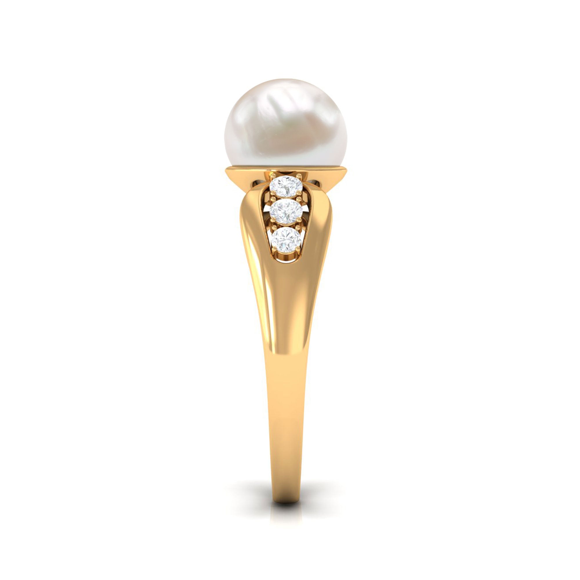 Bead Set Freshwater Pearl Solitaire Ring with Diamond Side Stones