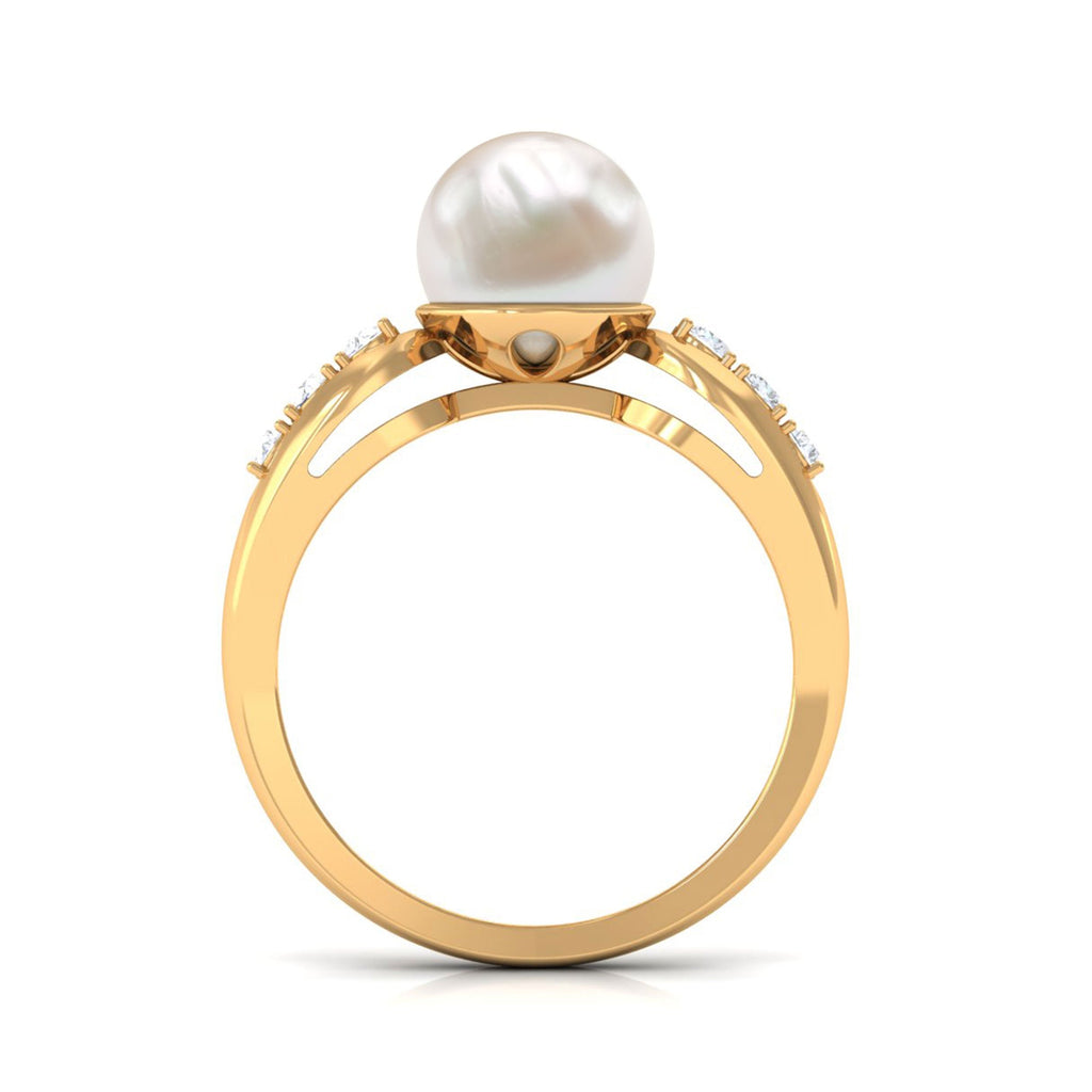 Bead Set Freshwater Pearl Solitaire Ring with Diamond Side Stones