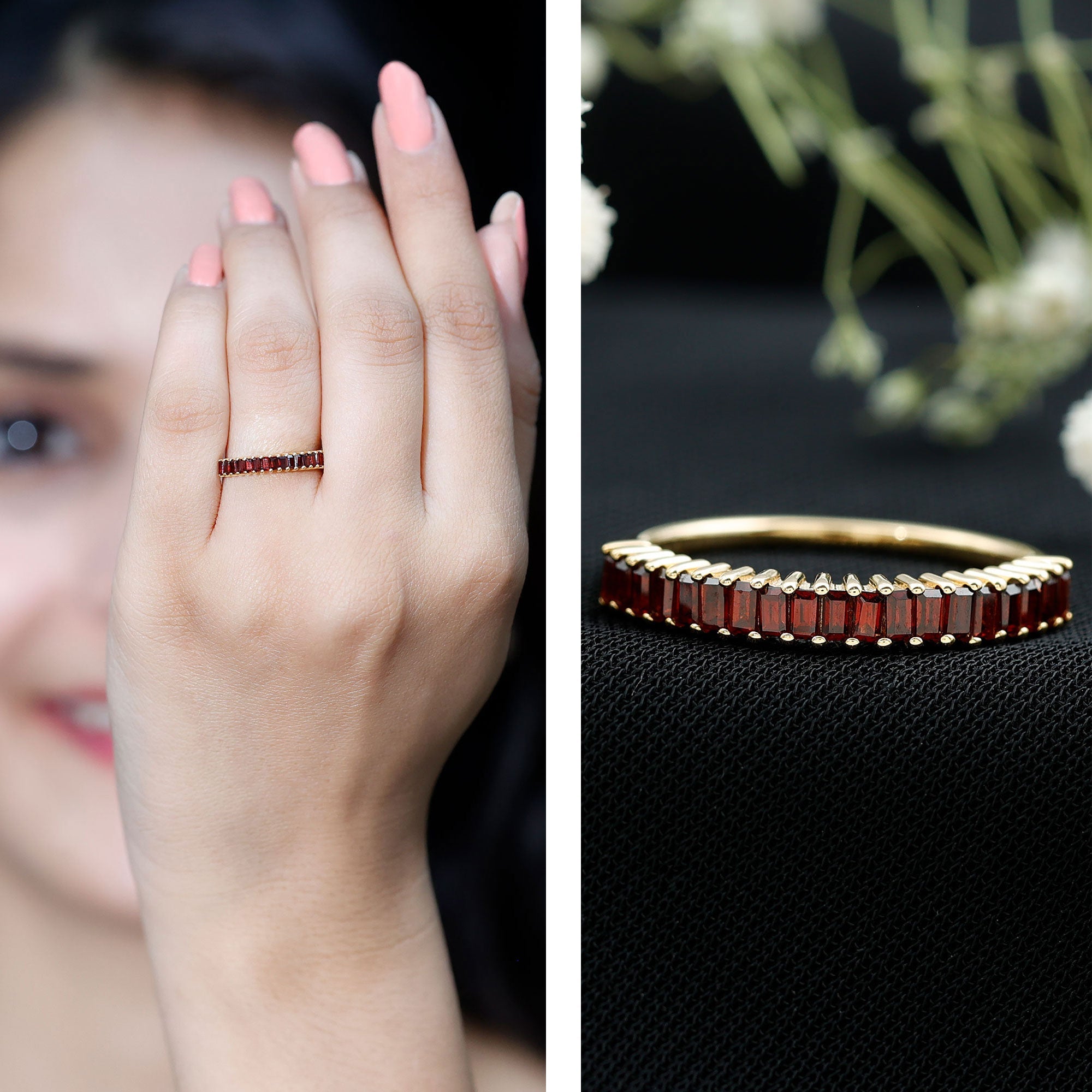 Certified Baguette Garnet Half Eternity Ring in Yellow Gold Plated Silver