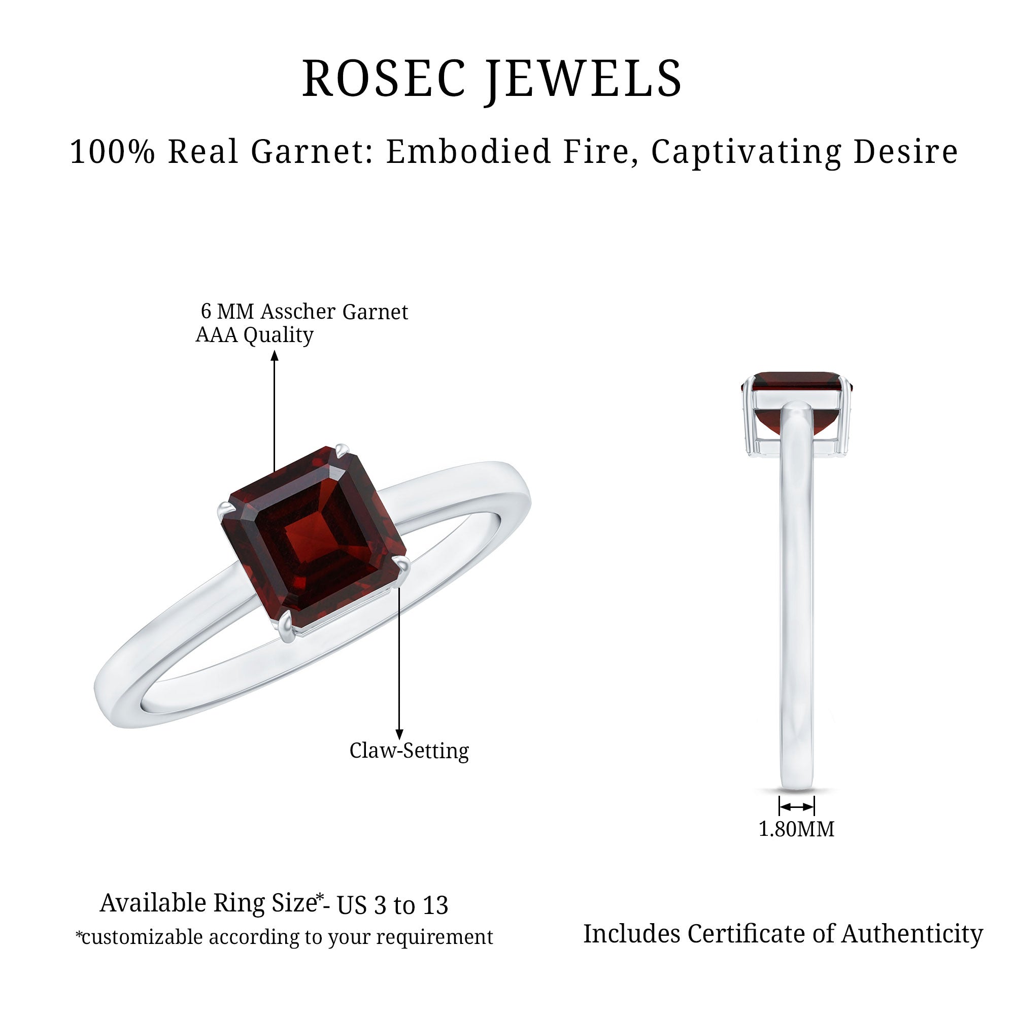 3.3 Carat Real Garnet Asscher Cut Engagement Ring with Certificate