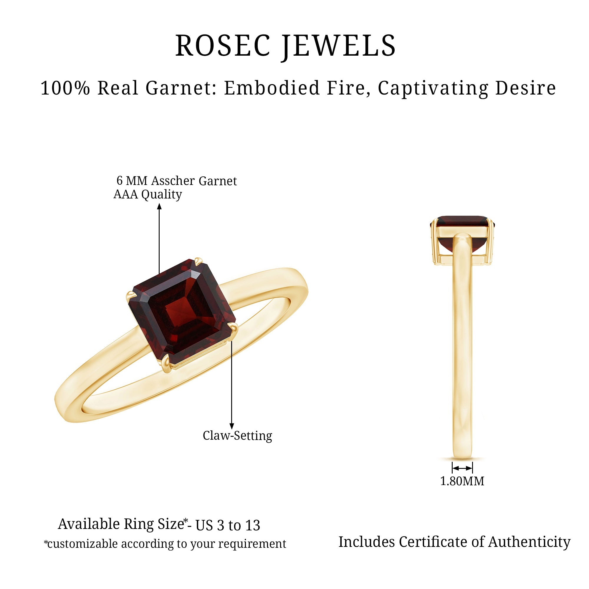3.3 Carat Real Garnet Asscher Cut Engagement Ring with Certificate