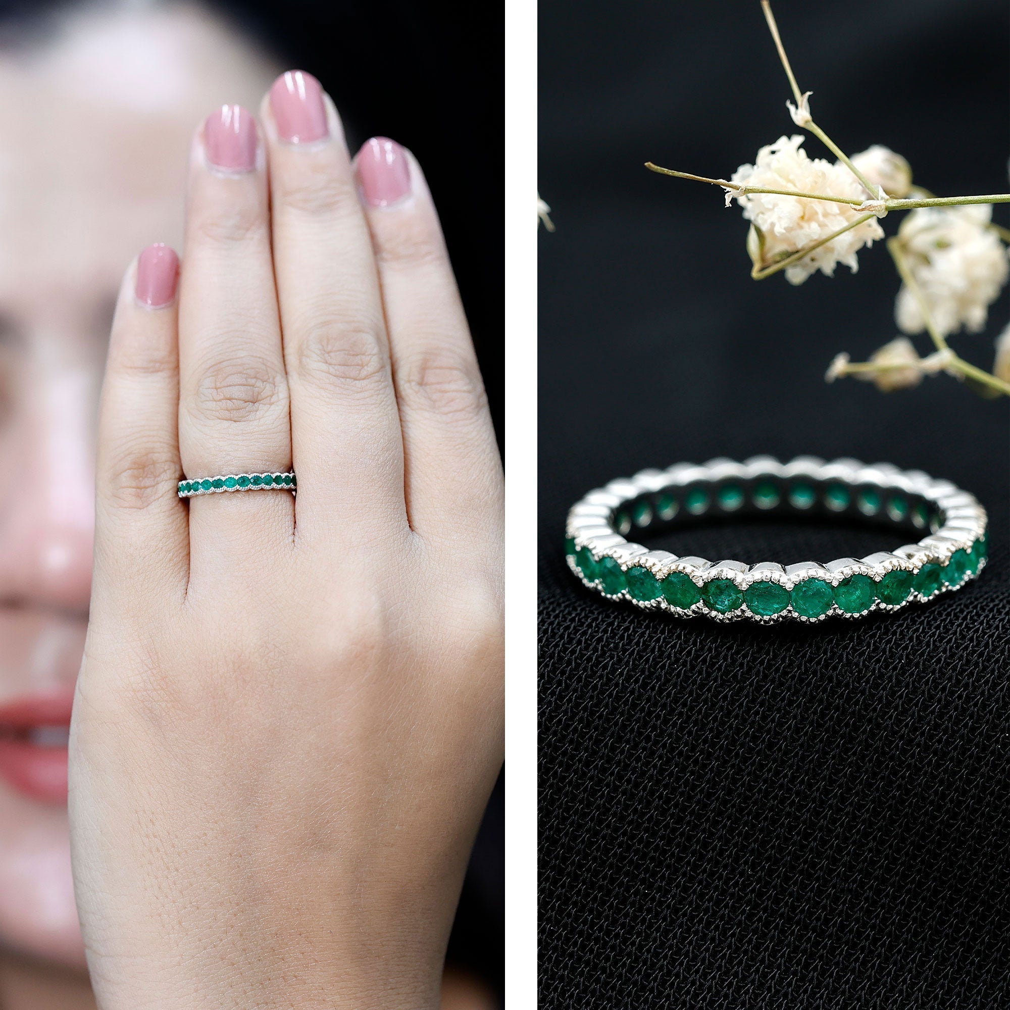 Beaded Bezel Set Emerald Full Eternity Stackable Ring