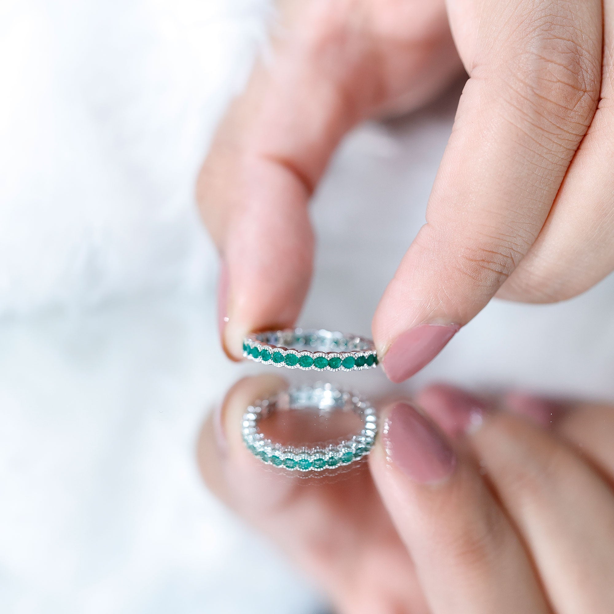 Beaded Bezel Set Emerald Full Eternity Stackable Ring