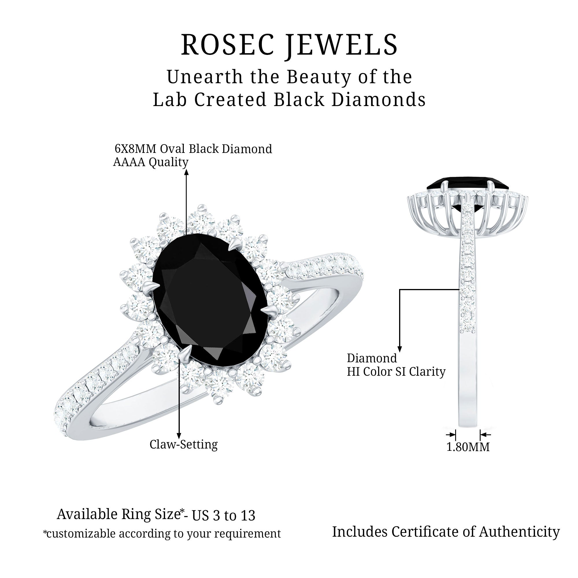 Certified 1.9 Carat Lab Grown Black Diamond Oval Engagement Ring with White Diamond