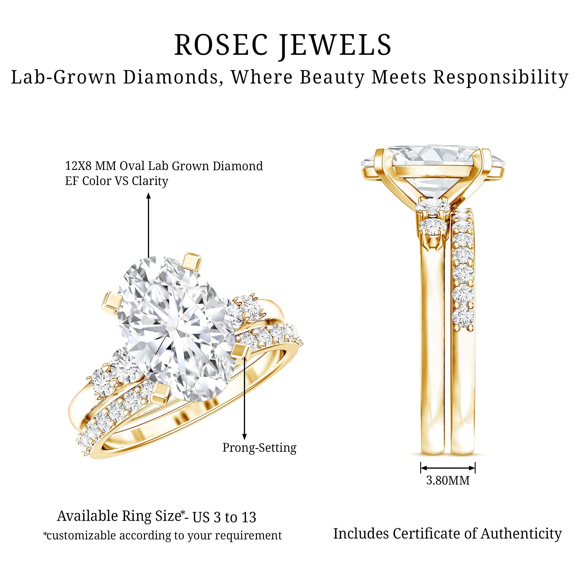 IGI Certified 3 Carat Oval Lab Grown Diamond Marriage Ring Set for Women