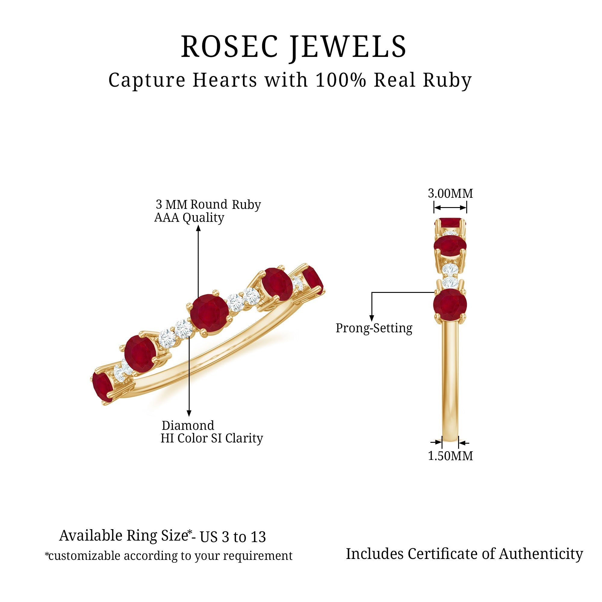 Real Ruby Diamond Half Eternity Ring for Anniversary