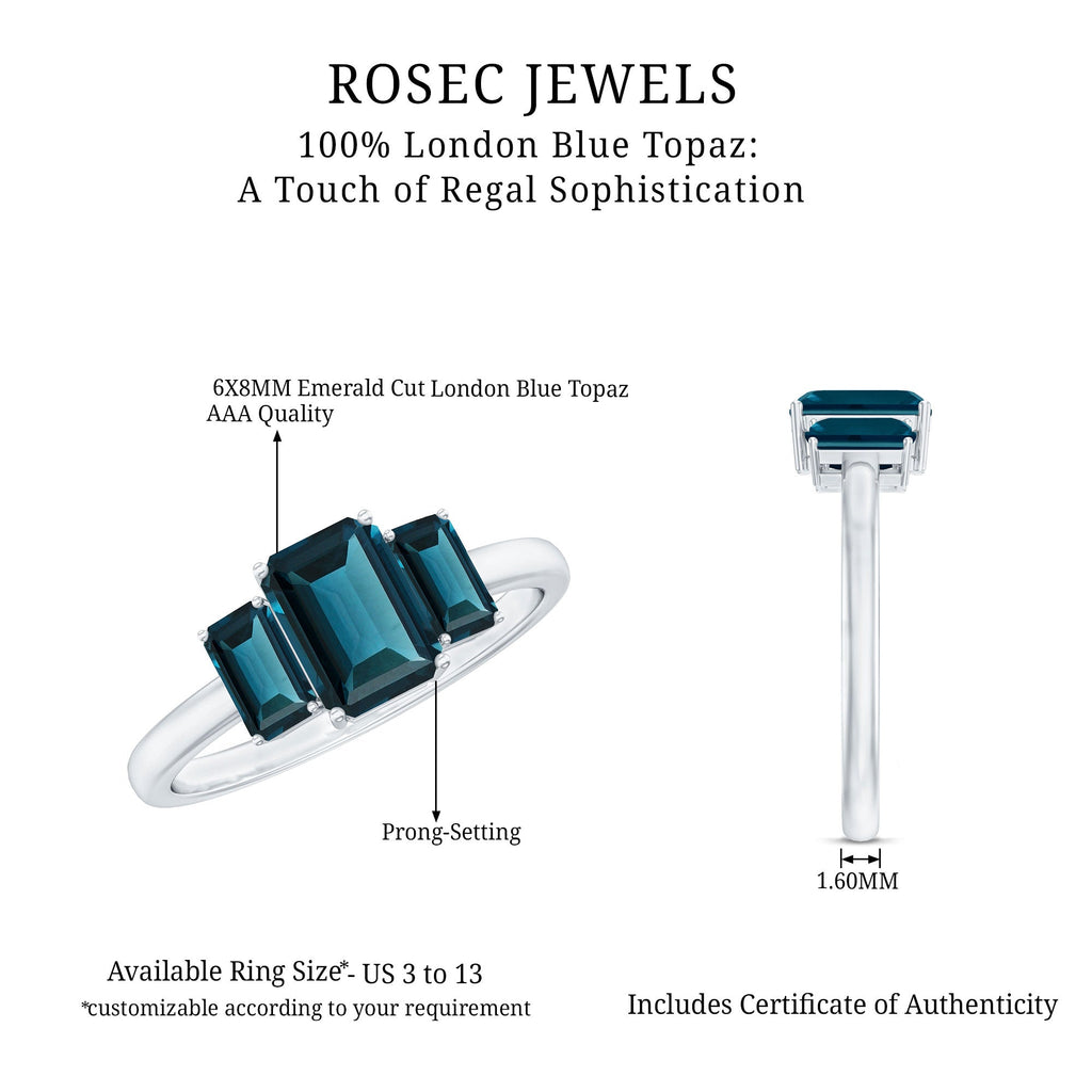 Emerald Cut London Blue Topaz Three Stone Engagement Ring