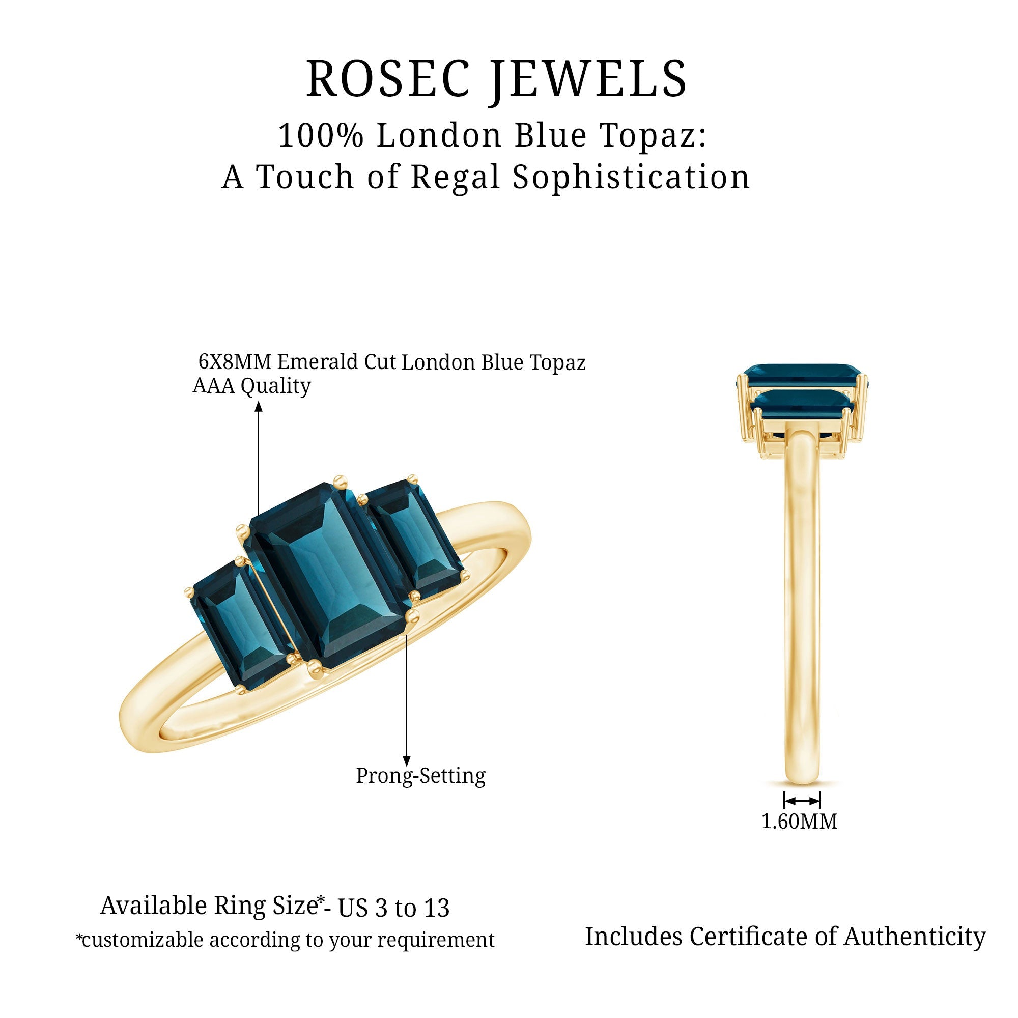 Emerald Cut London Blue Topaz Three Stone Engagement Ring