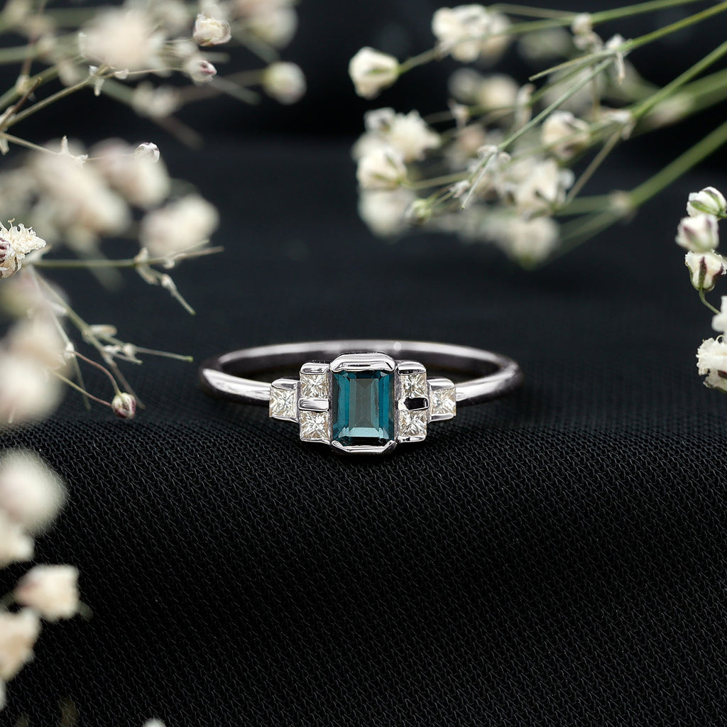 0.7 Carat Emerald Cut London Blue Topaz Statement Ring with Diamond