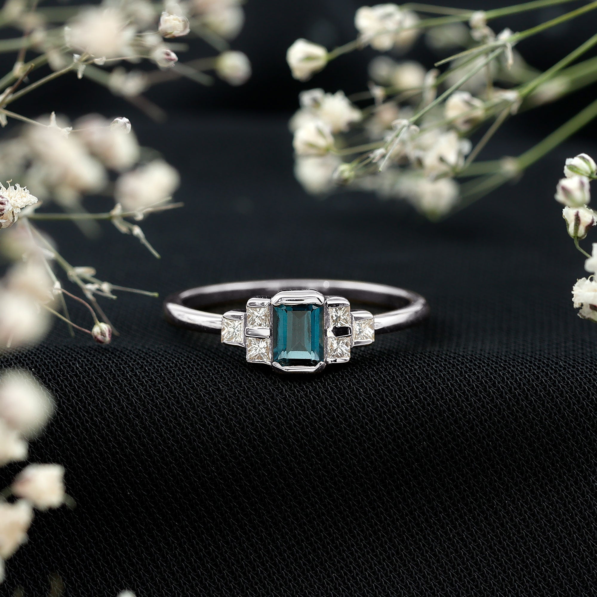 0.7 Carat Emerald Cut London Blue Topaz Statement Ring with Diamond