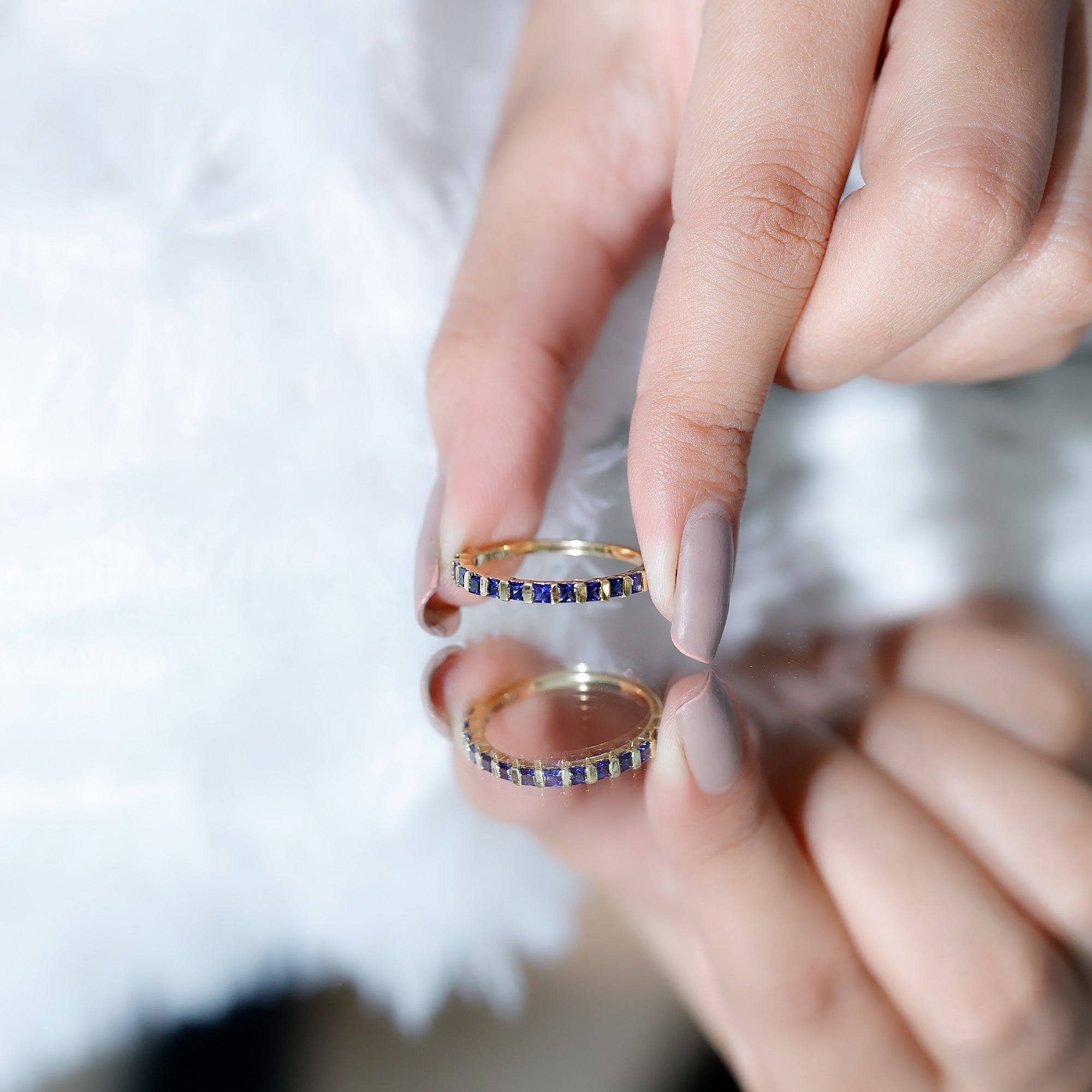 Princess Cut Blue Sapphire Half Eternity Wedding Band For Women