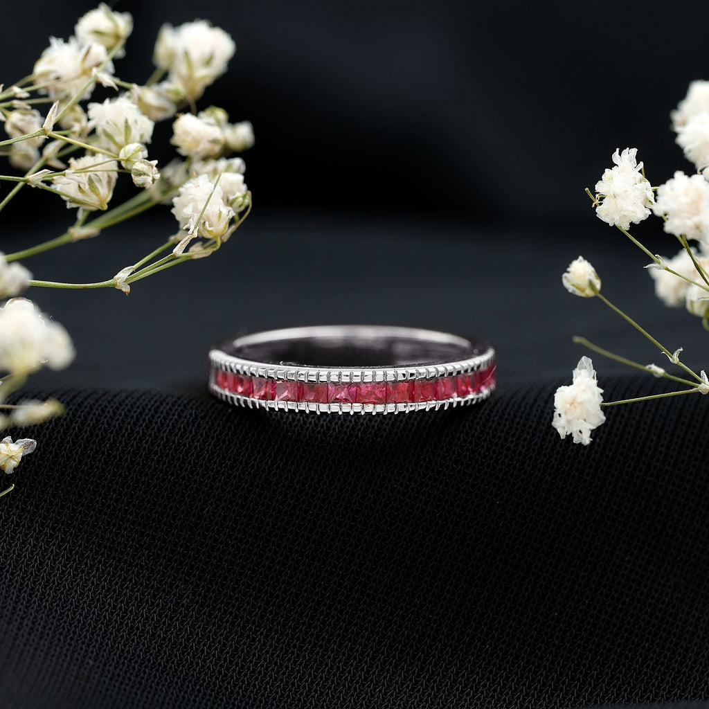 Natural Princess Cut Ruby Half Eternity Ring in Channel Set