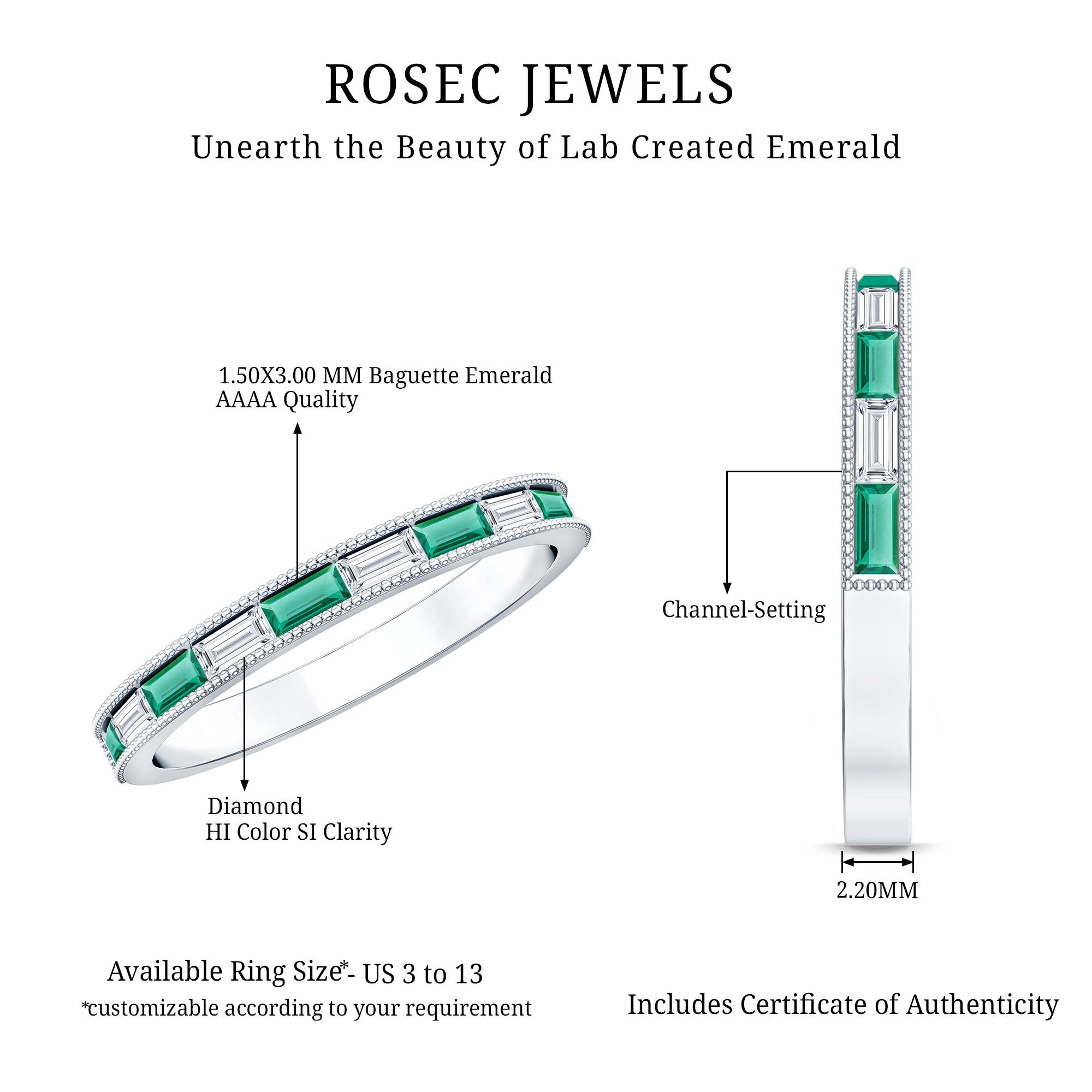 Baguette Cut Lab Grown Emerald and Diamond Band Ring