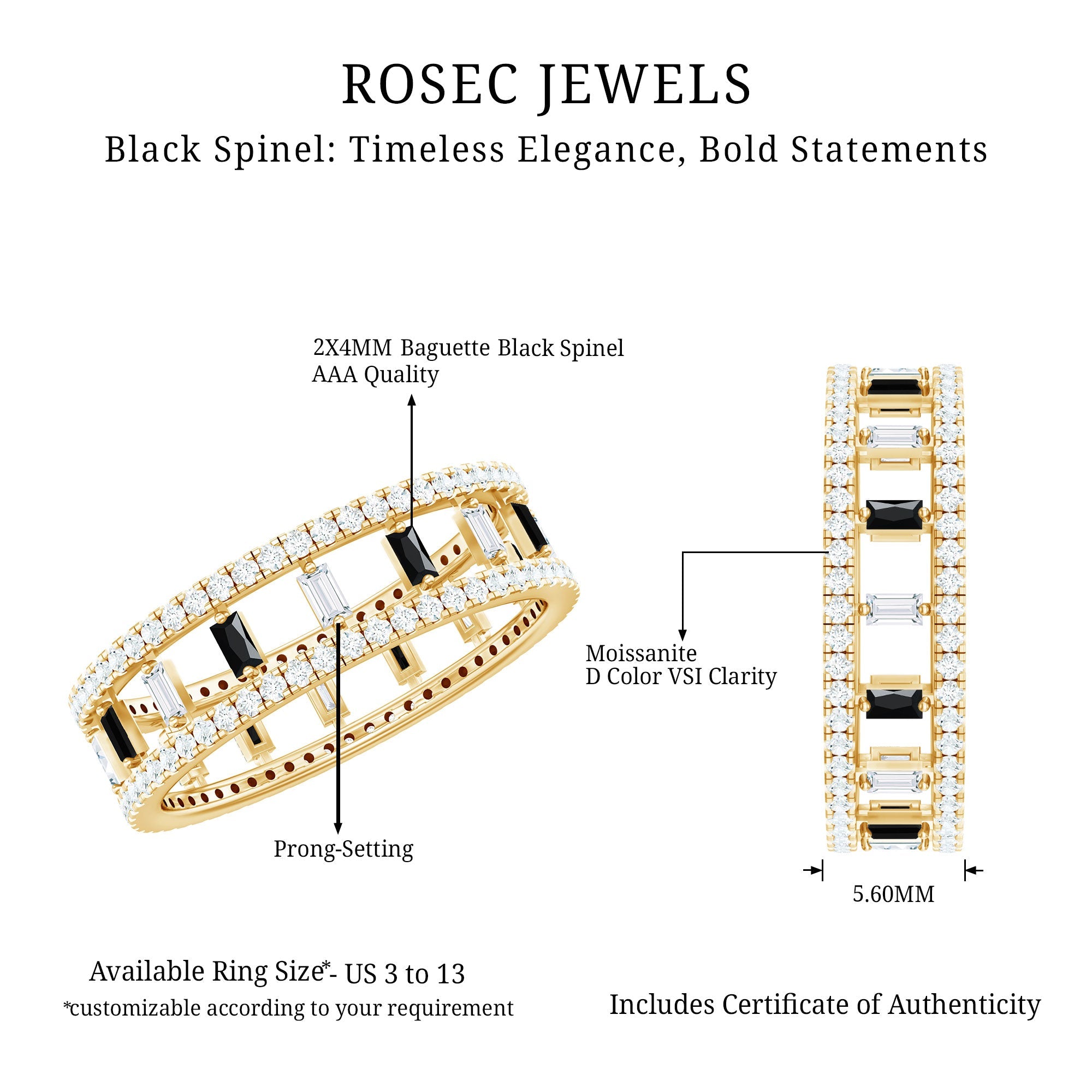 Baguette Cut Black Spinel and Moissanite Wedding Band for Women