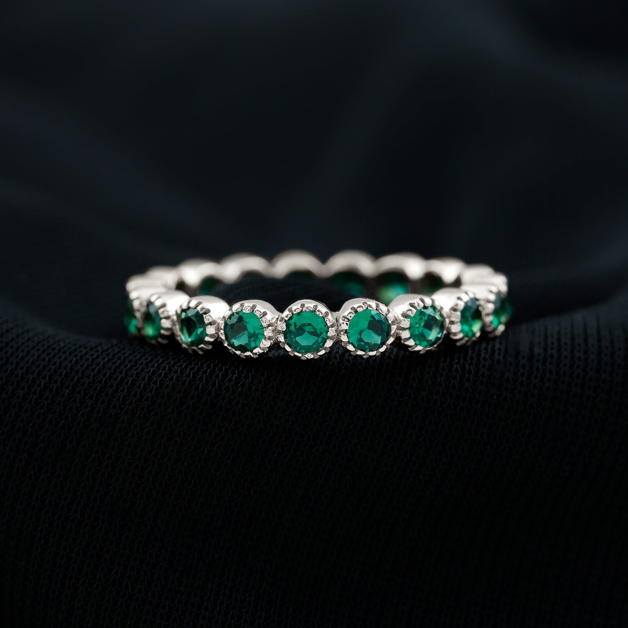 Certified Lab Created Emerald Full Eternity Band Ring in Bezel Setting