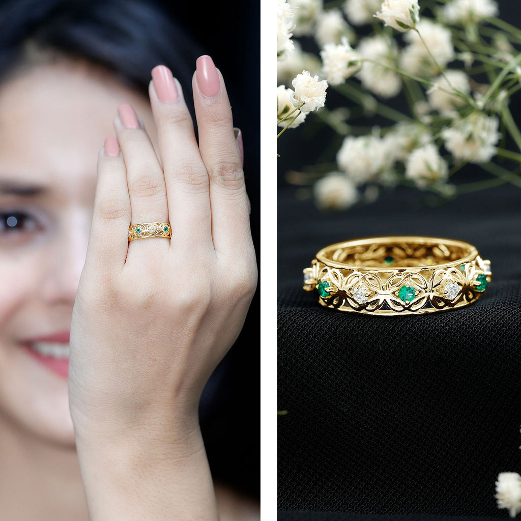 Lab Emerald and Diamond Vintage Wedding Band Ring