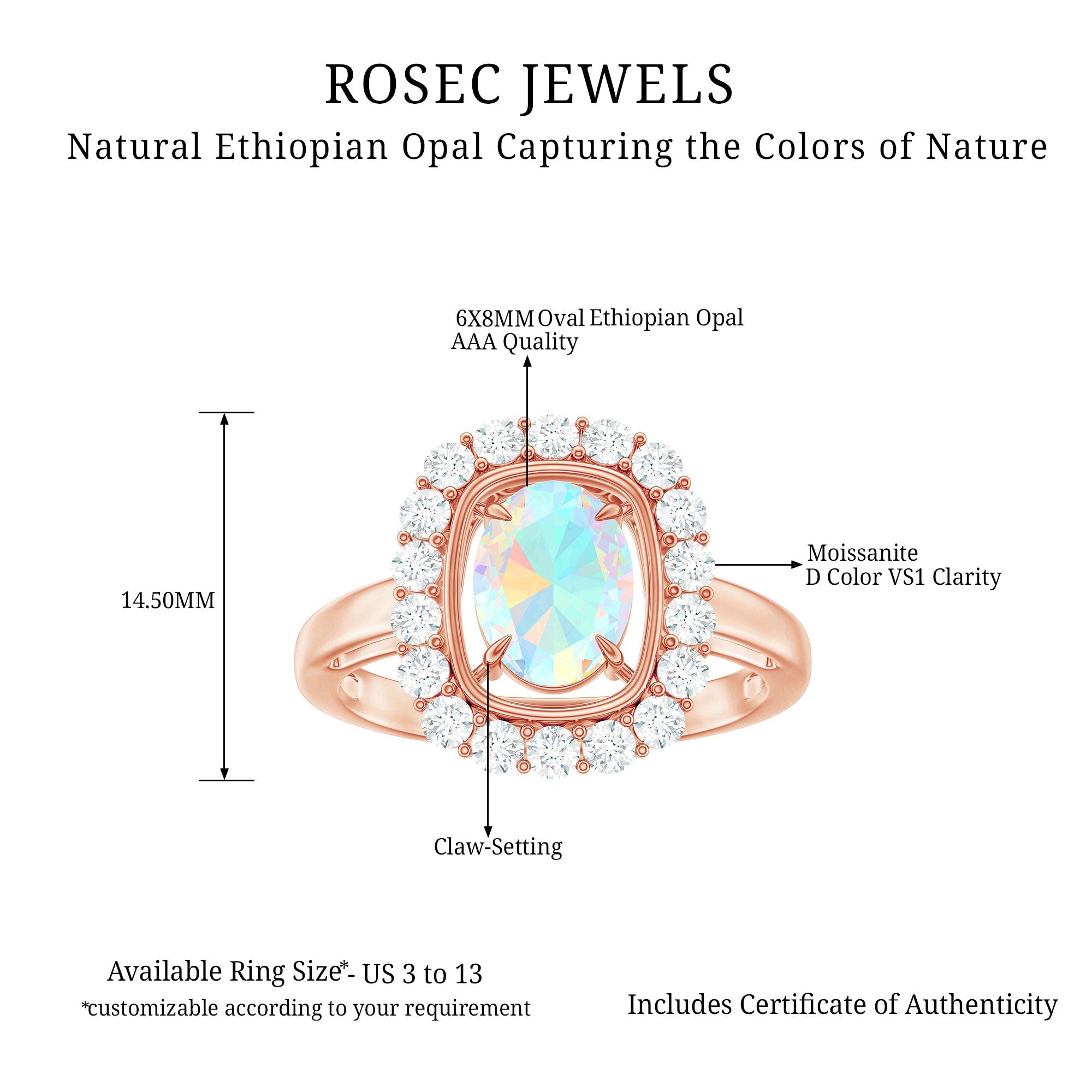 6x8mm Oval Cut Ethiopian Opal Halo Engagement Ring with Moissanite