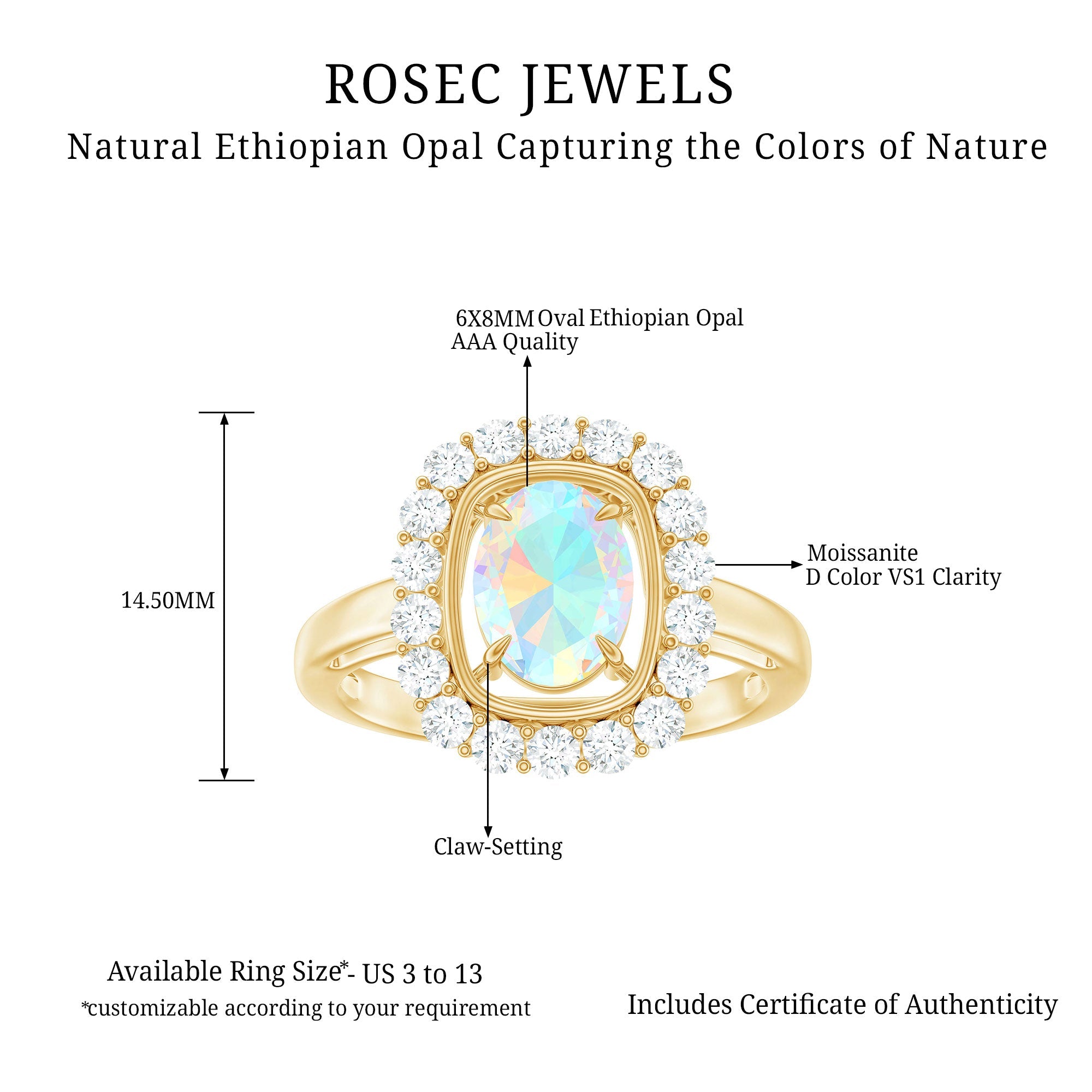 6x8mm Oval Cut Ethiopian Opal Halo Engagement Ring with Moissanite