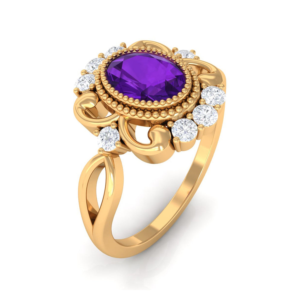 Vintage Inspired 1 Carat Amethyst Oval Engagement Ring with Diamond