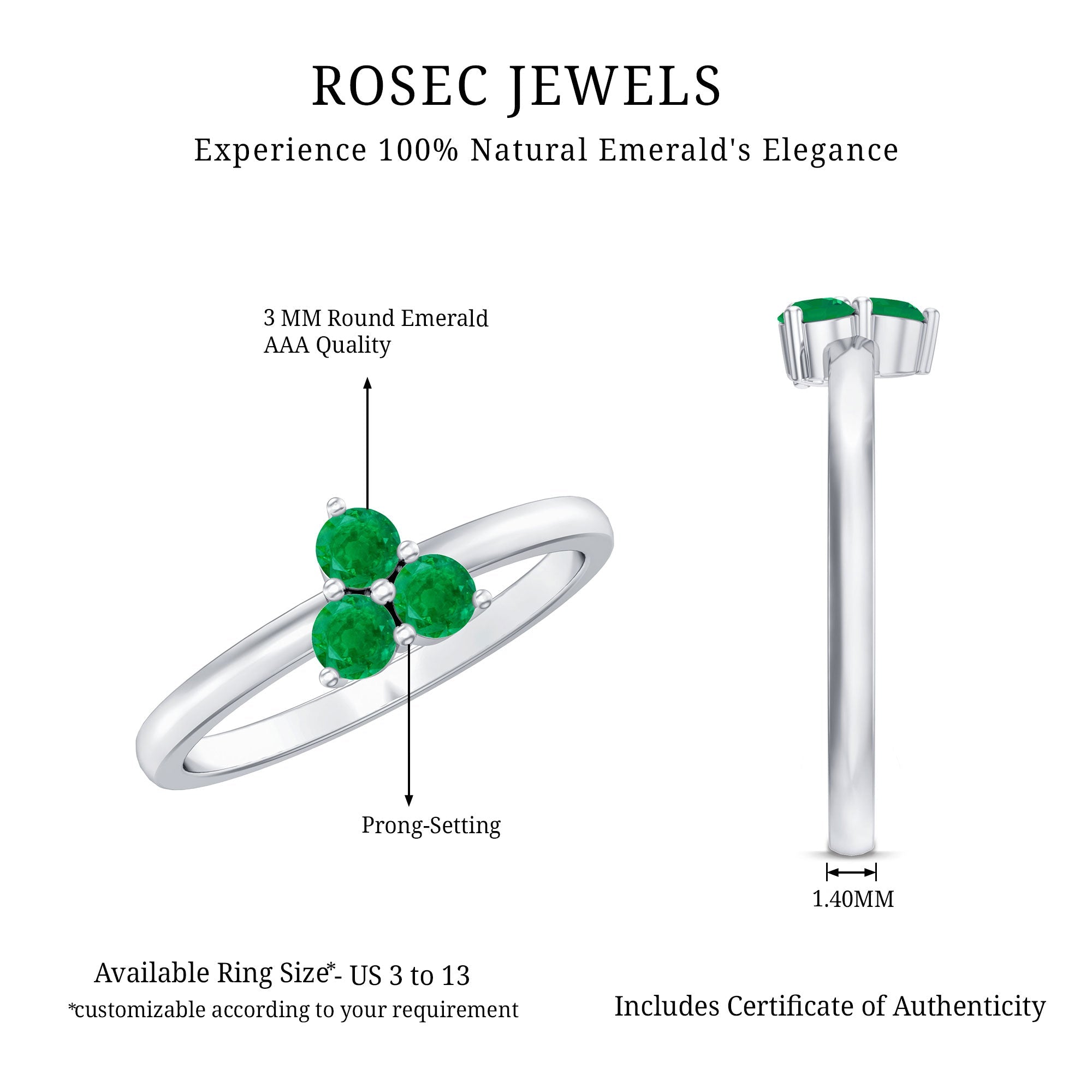 Natural Emerald 3 Stone Promise Ring with Certificate