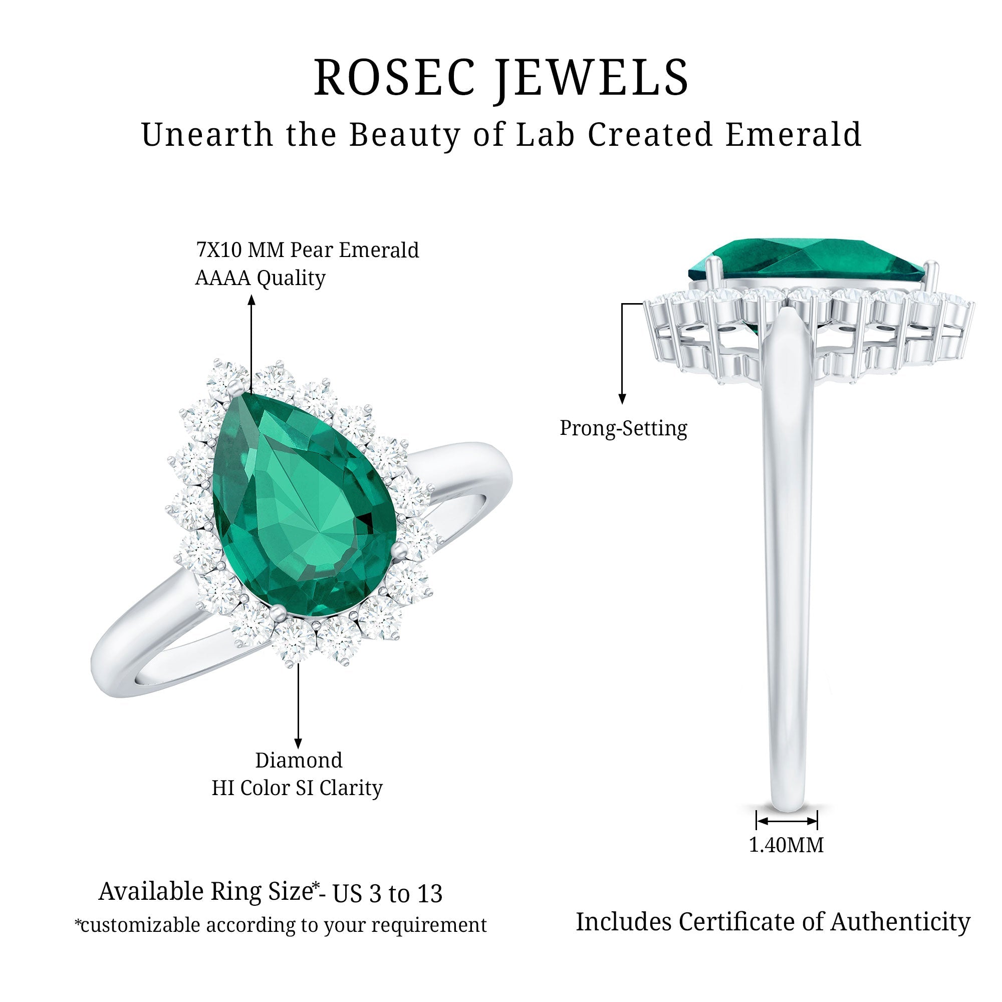 2 Carat Pear Cut Lab Created Emerald Halo Engagement Ring with Diamond