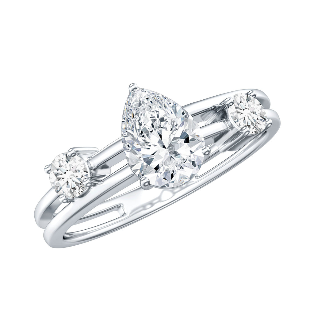 Pear Lab Grown Diamond Engagement Ring – Elegant Double Band Three Stone Design