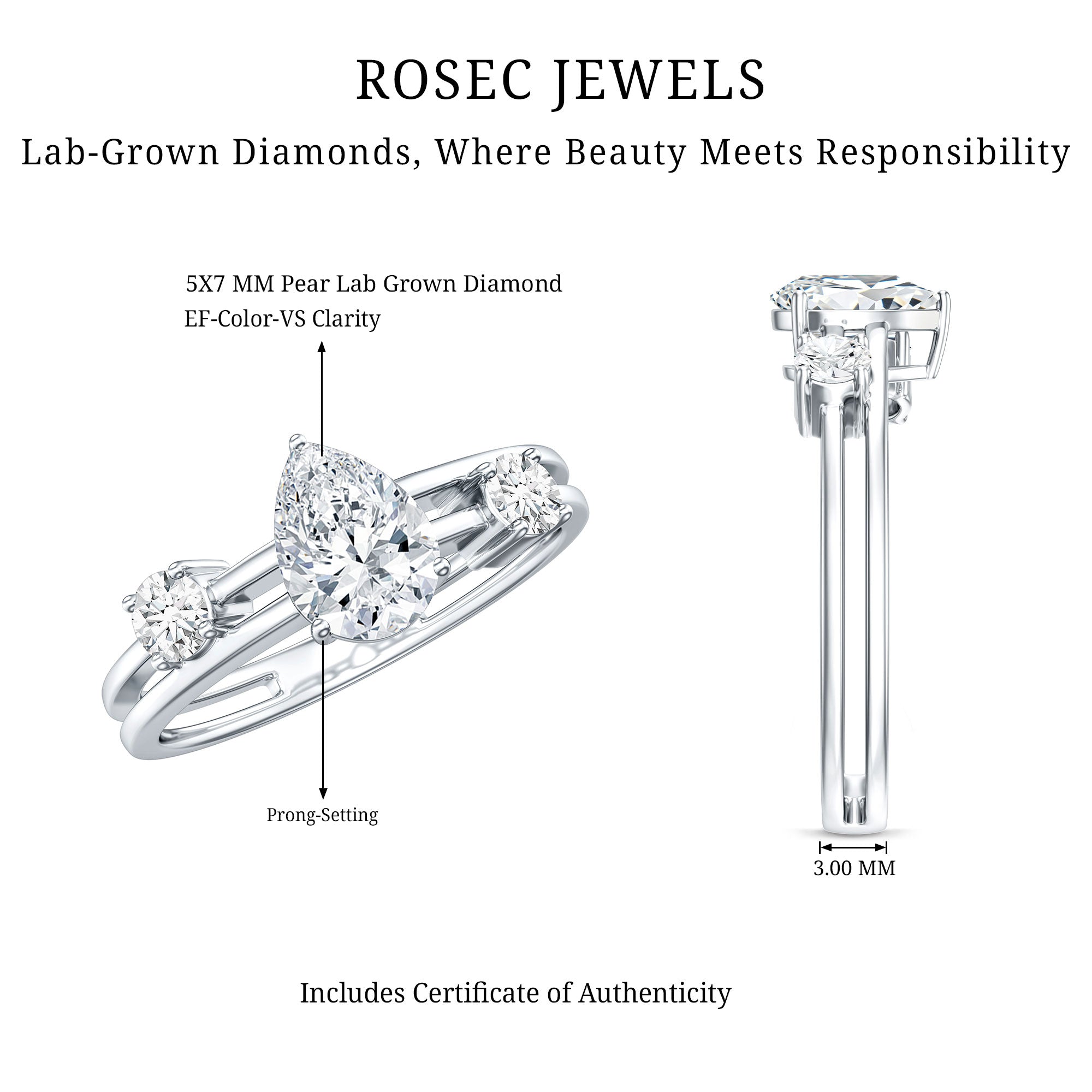 Pear Lab Grown Diamond Engagement Ring – Elegant Double Band Three Stone Design