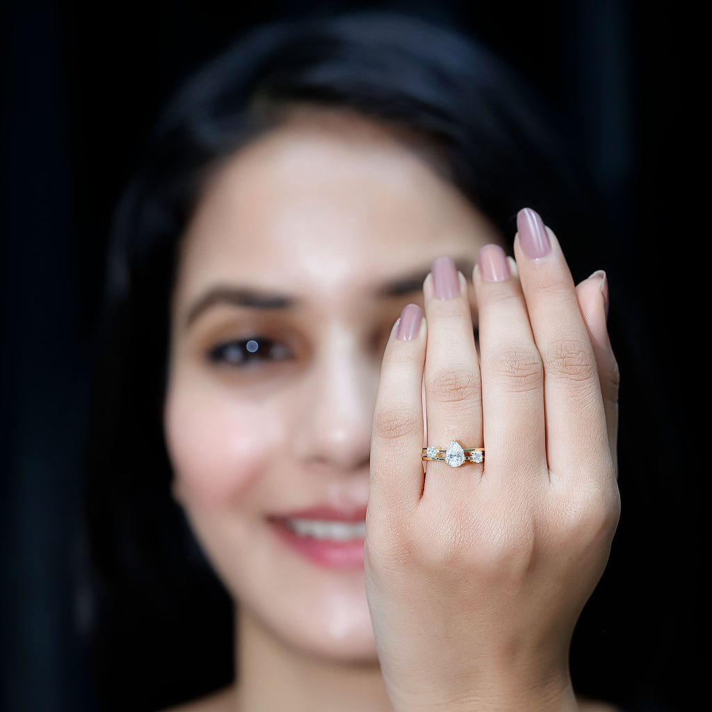 Pear Lab Grown Diamond Engagement Ring – Elegant Double Band Three Stone Design