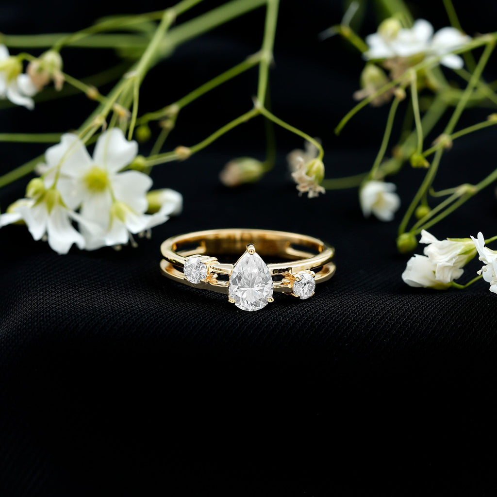 Pear Lab Grown Diamond Engagement Ring – Elegant Double Band Three Stone Design